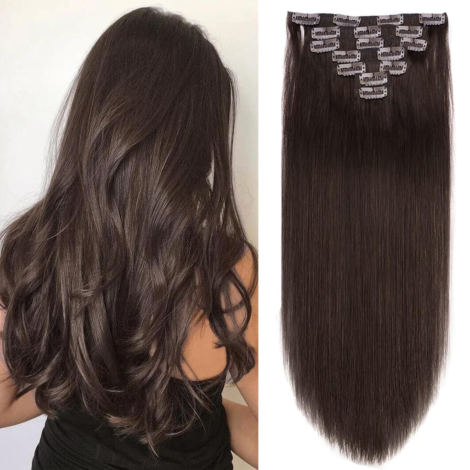 16 Inch Clip in Hair Extensions Real Human Hair 130g 7 Pieces 16 Clips #2 Dark Brown Hair Extensions Double Weft Human Hair Clip in Extension for Women