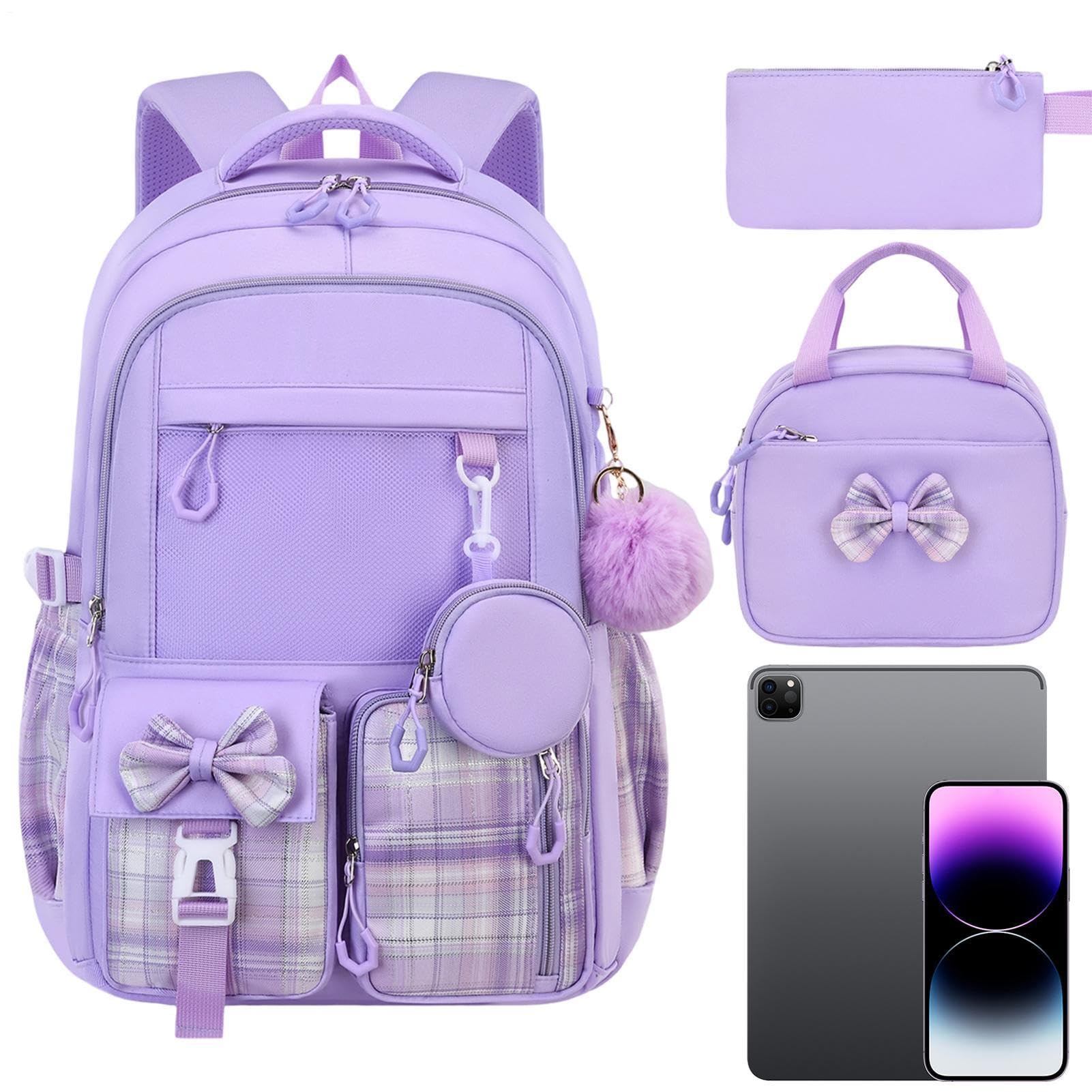 Mädchen Rucksack 3-Teiliges Süßes Schleifen-Büchertaschen-Set Mit Lunchbox | Leichter Schulrucksack für Wasserflasche, Schulbücher, Wochenendausflüge, Reisen und
