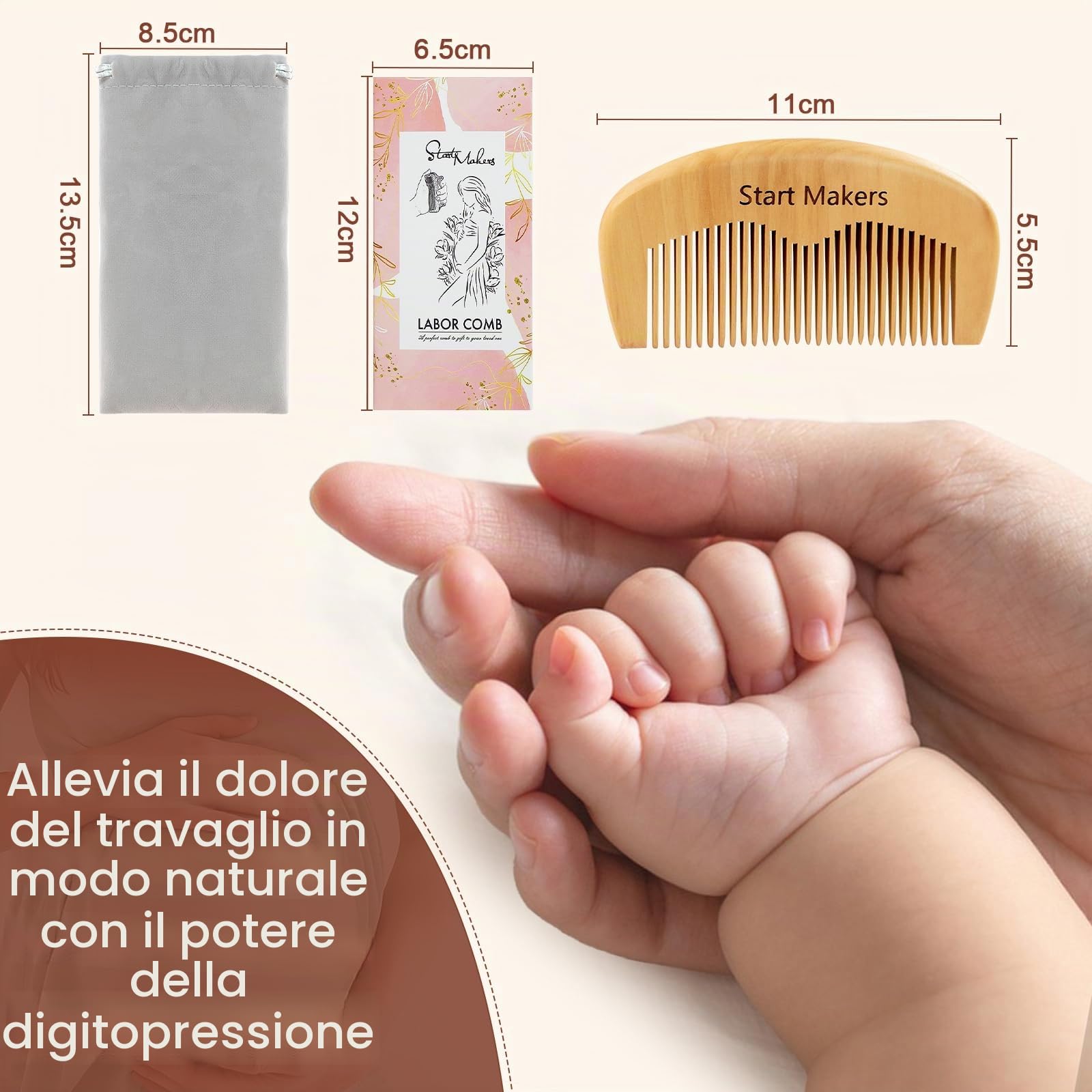 Start Makers Pettine da Parto & Pettine in Legno, Doppia Funzione per Travaglio e Capelli, Regalo Originale per Donna Incinta, Ideale per Ospedale e Dopo Parto