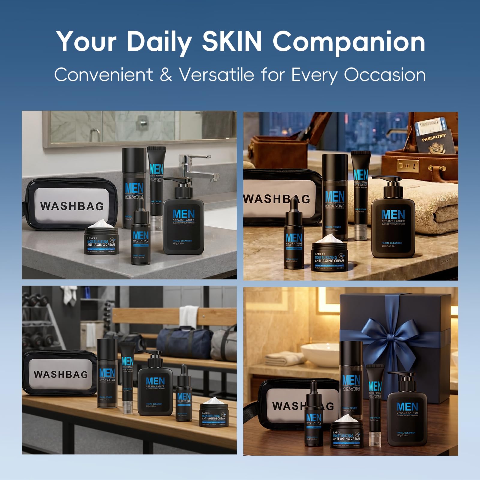 Coffret Soin Visage Homme, 5 pièces Skincare Set Men, pour Hydratant Anti-Âge Anti-Brillance, Kit Soin Visage Homme Cadeau avce Nettoyant Lotion Visage Yeux Crème Sac de Rangement