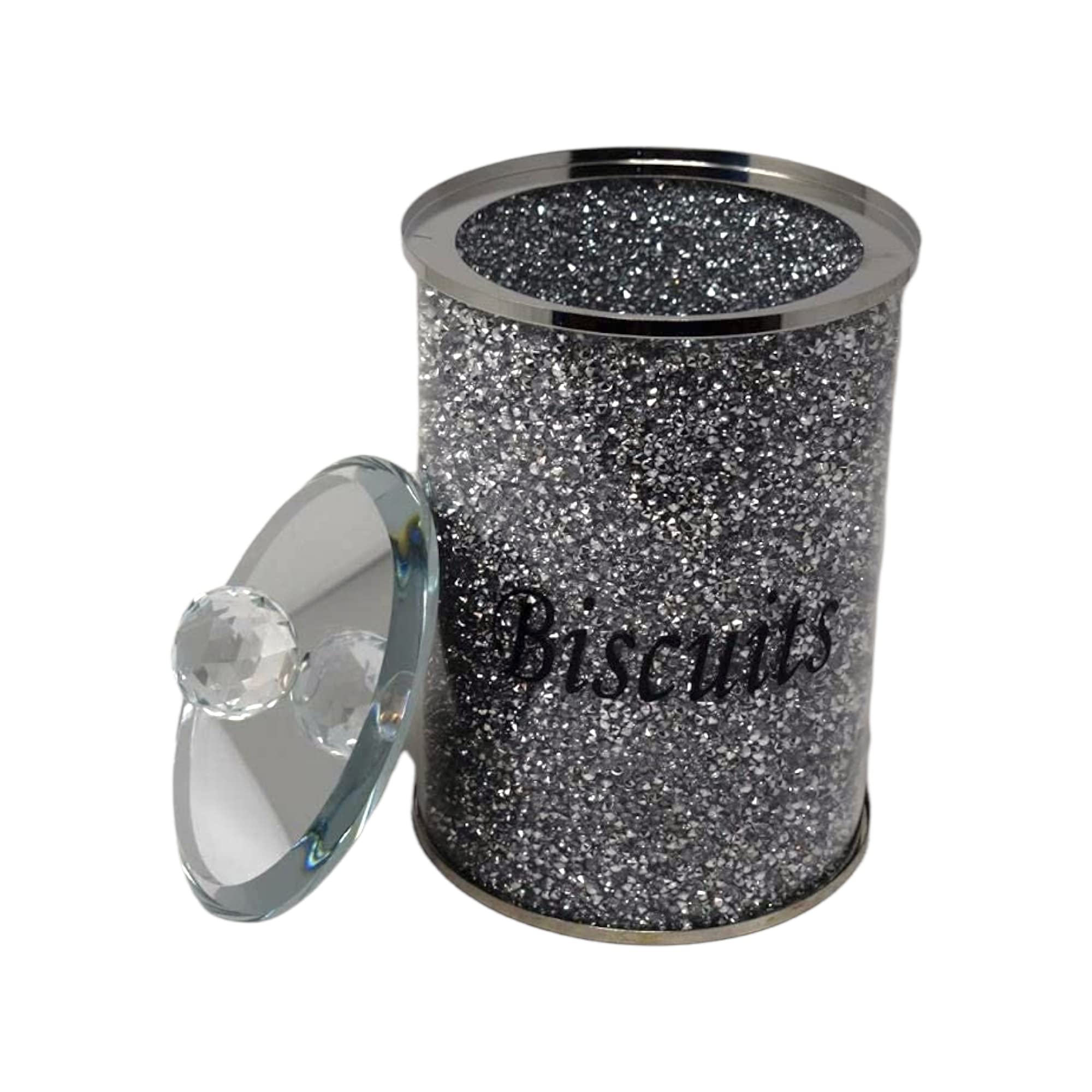Amazing Gift Crushed Diamond Biscuit Canister Jar Tin Kitchen Storage Silver Trimmings Crystal Filled