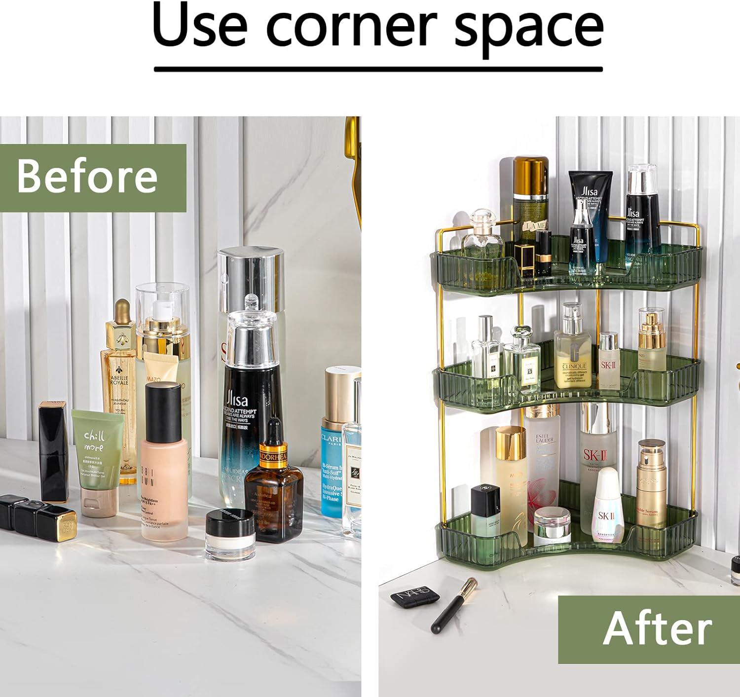 shuang qing 3-Tier Corner Bathroom Counter Organizer – Classic Storage Shelf for Makeup, Perfume & Toiletries, Space-Saving Countertop Tray Fits Bathroom, Dresser, Kitchen (Sage Green)