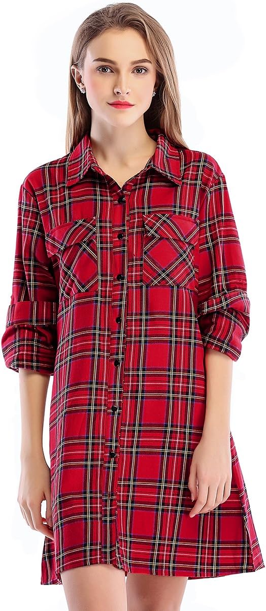 clasichic Women's Plaid Shirt Dress Casual Blouse, Red and Navy Blue Button Down Long Sleeve Tops (Red, S (UK 8-10))
