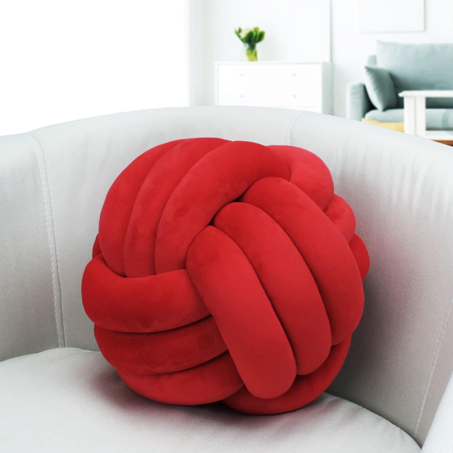 KOGITI Soft Knot Ball Pillows,Round Throw Pillow Cushion Home Decoration,Knotted Pillow Handmade Round Plush Pillow (13.8 Inch, Red)