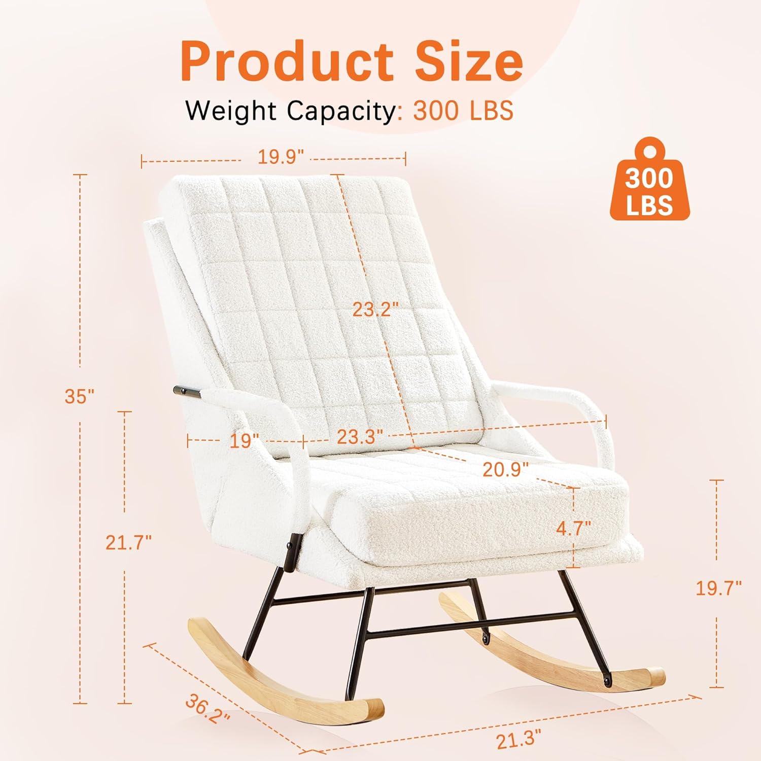 Detailed diagram showing the dimensions of the VECELO rocking chair, including height, width, depth, and seat measurements.