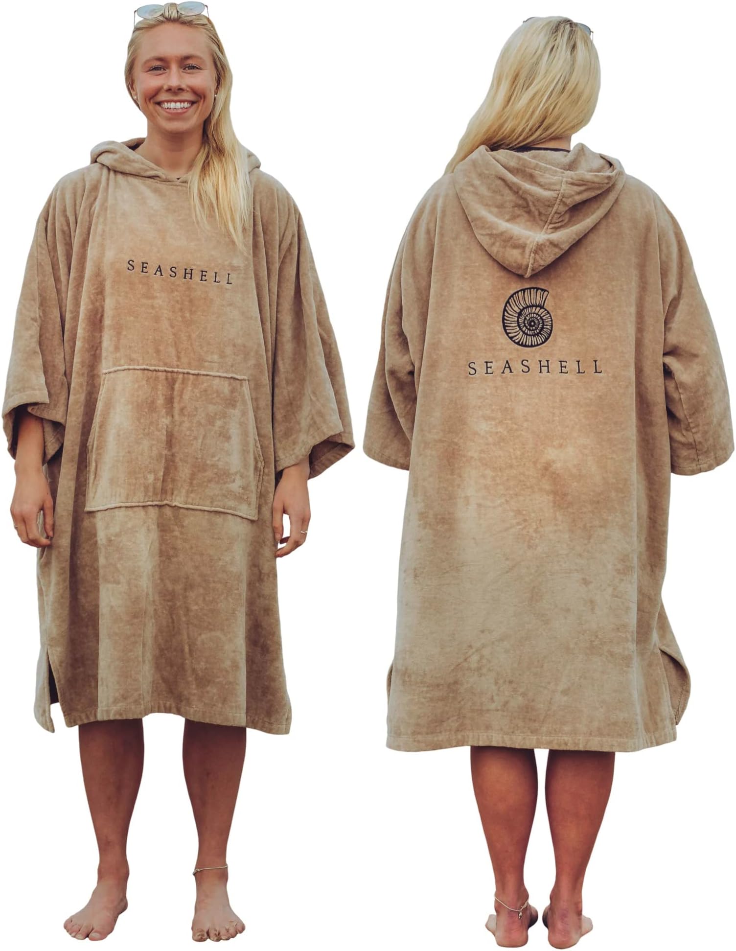 SEASHELL Adult Towelling Changing Robe โ Hooded Poncho Towel in Organic Cotton (340gsm) โ Quick-Dry, Super Absorbent, Mid Sleeve โ For Swimming, Surfing, Beach, Wild Swimming, Water Sports