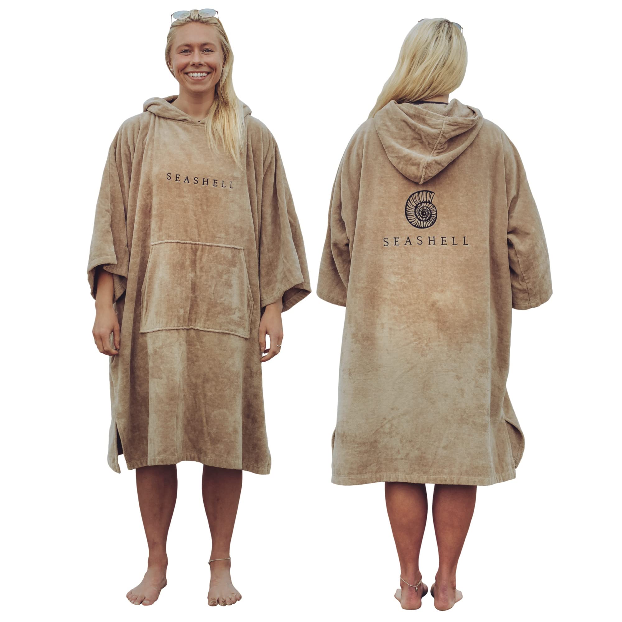 SEASHELLAdult Towelling Changing Robe – Hooded Poncho Towel in Organic Cotton (340gsm) – Quick-Dry, Super Absorbent, Mid Sleeve – For Swimming, Surfing, Beach, Wild Swimming, Water Sports