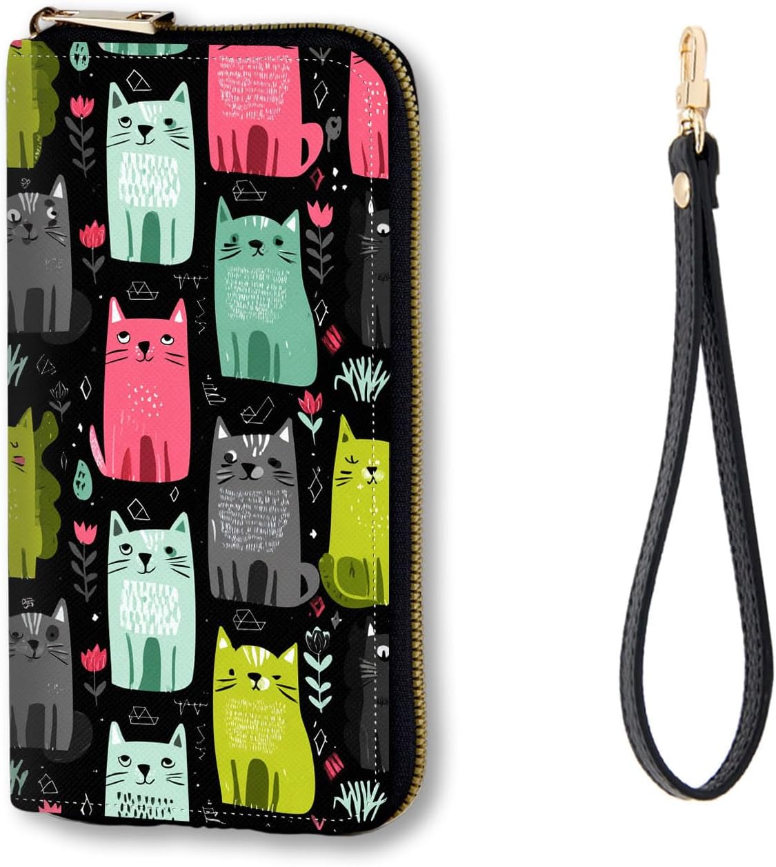 RFID Blocking Zip Around Wallet for Women with Detachable Strap | Large Capacity Leather Card Holder & Travel Wristlet Purse,Colorful Cats