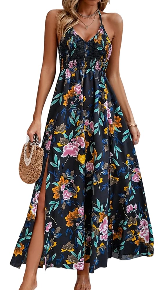 YUNZSXJY Hawaiian Dresses for Women Floral Summer Casual Bohemian Spaghetti  Strap Flowy Long Maxi Dresses A-Black at Amazon Women's Clothing store