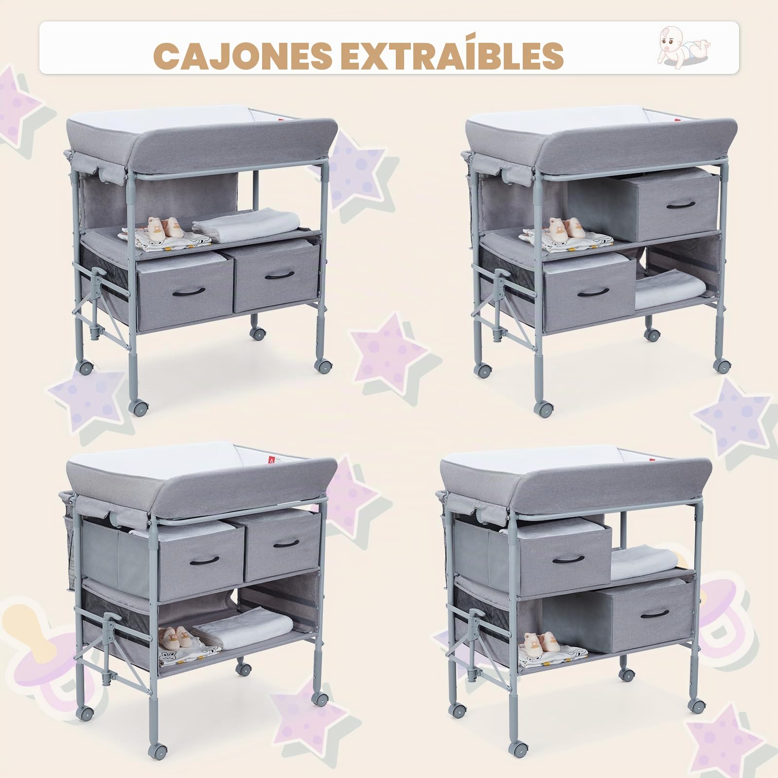 Cambiador Bebé Plegable con 2 Cajones, Altura Ajustable y Colchón Impermeable, Mueble Cambiador de Pañales Portátil con 4 Ruedas, Barra Colgante y Organizador de Guardería Salvaspazio, Gris Oscuro