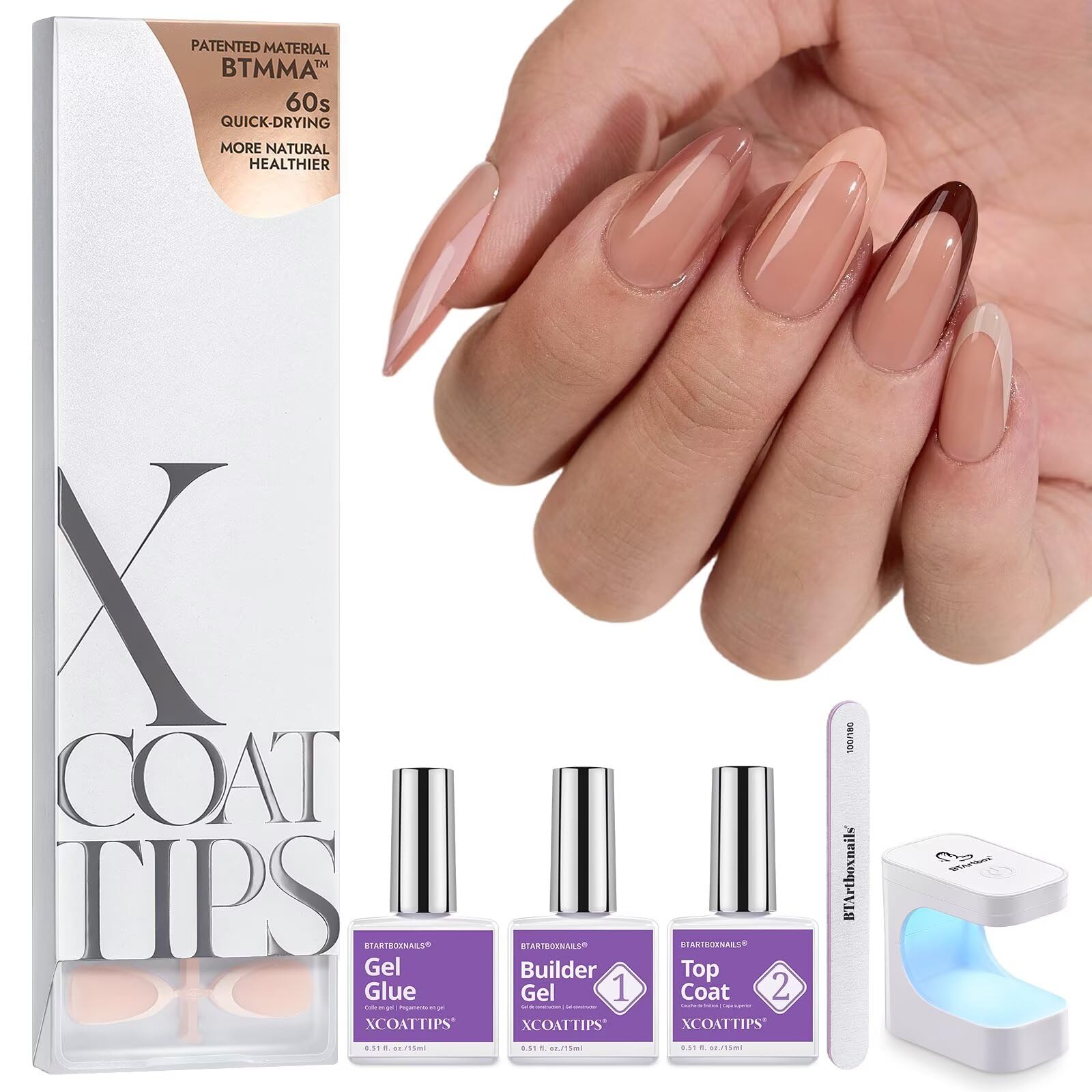 BTArtboxnails XCOATTIPS Press on Nails Almond - Skin Tones French Tip Nails, Medium Soft Gel Nail Tips with Nail Gel, French Protecting Duo, Nail Lamp, All in One Fake Nail Extension Kit