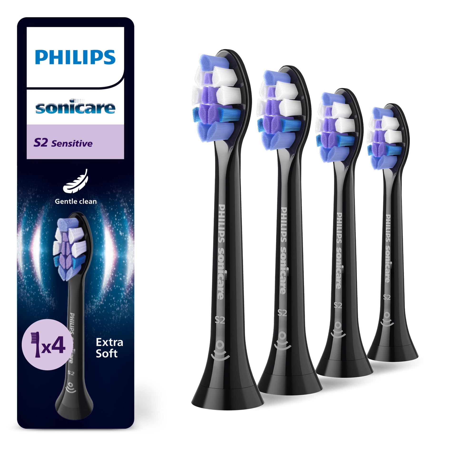 Philips Sonicare S2 Sensitive, oryginalne wymienne końcówki szczoteczki sonicznej, kolor czarny czteropak, HX6054/88