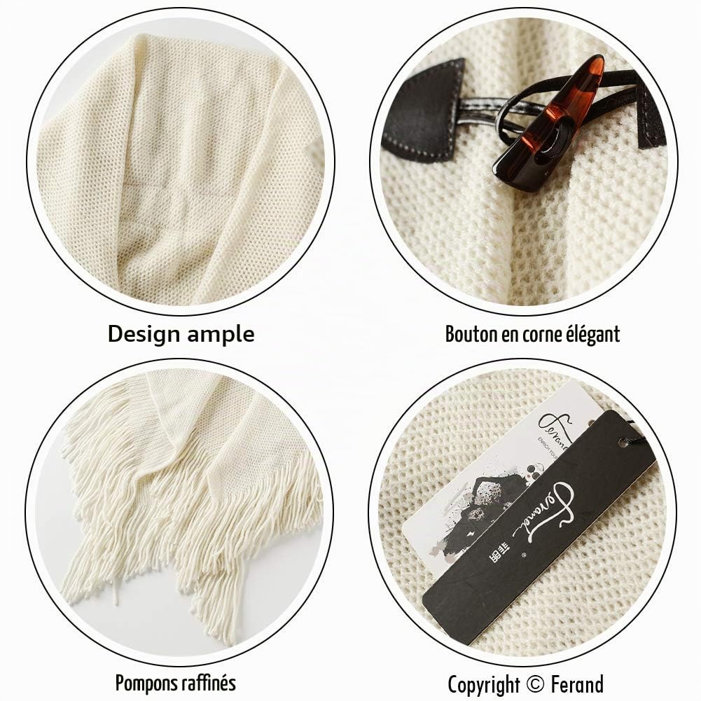 Ferand Poncho Châle Femme Elégant Chaud Ouvert Devant avec Bouton à Franges pour l' Automne Hiver