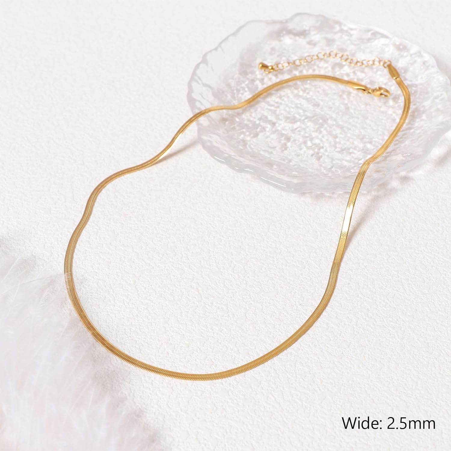 Herringbone Choker Necklace for Women 18k Real Gold Plated Stainless Steel Flat Necklace Layered Snake Chain Herringbone Jewelry Gift 2/2.5/3/4/5 MM