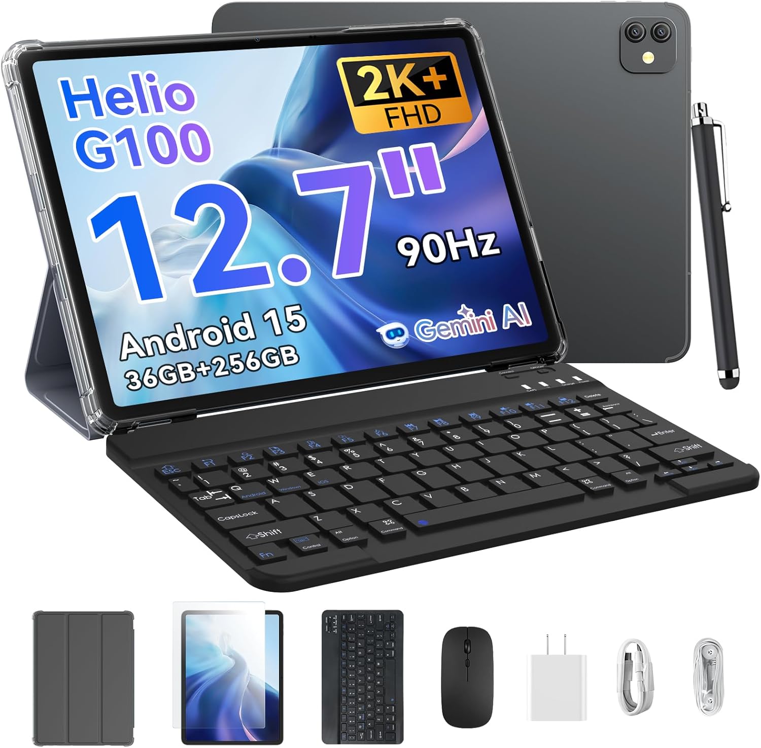 Blackview Tablet with Keyboard, 12.7 Inches 2K Large Screen Android Tablet, 90Hz IPS Display, 12G RAM, 256 GB Storage, MediaTek Helio G100, Dual-Band Wi-Fi, Quad Speakers with Case and Mouse