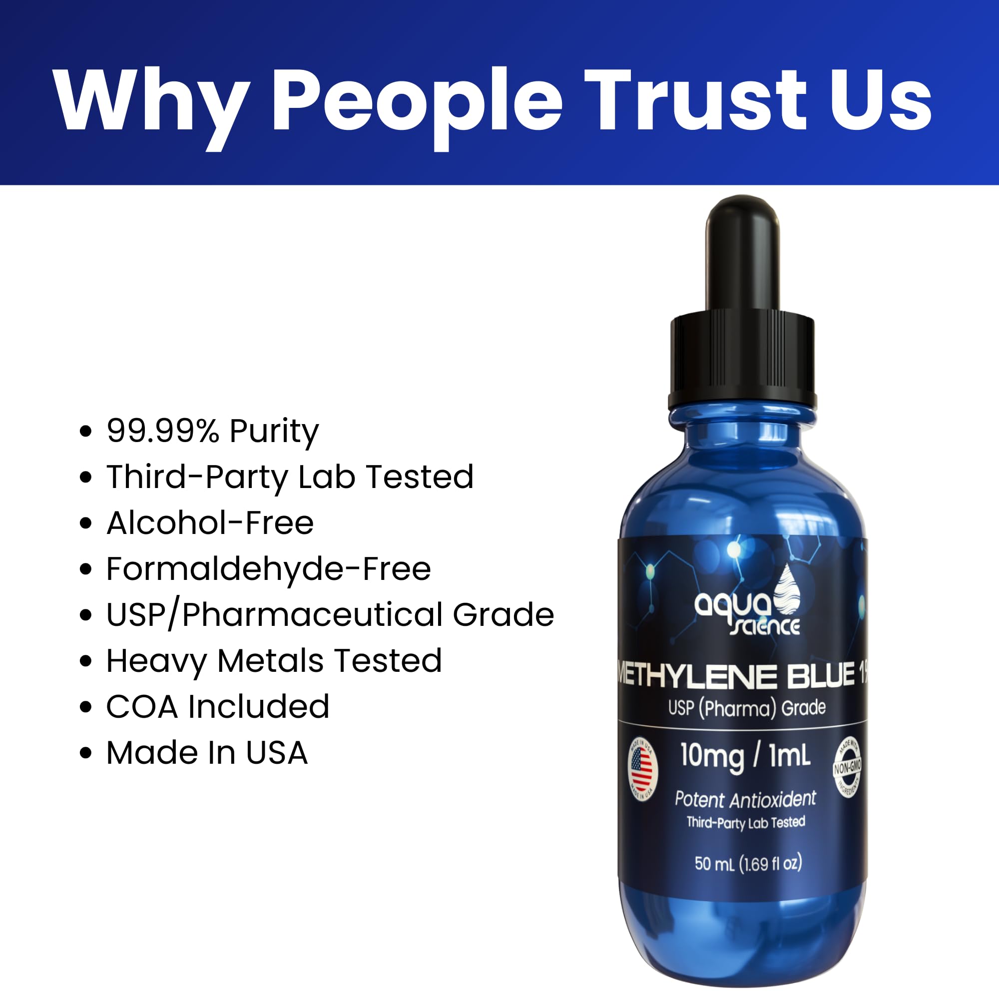 Aqua Science Methylene Blue USP Pharmaceutical Grade 99.99% - Third-Party Tested, ISO-Certified, Formaldehyde & Alcohol Free Liquid Drops - 50ml (1.69oz) with Dropper - Made in USA