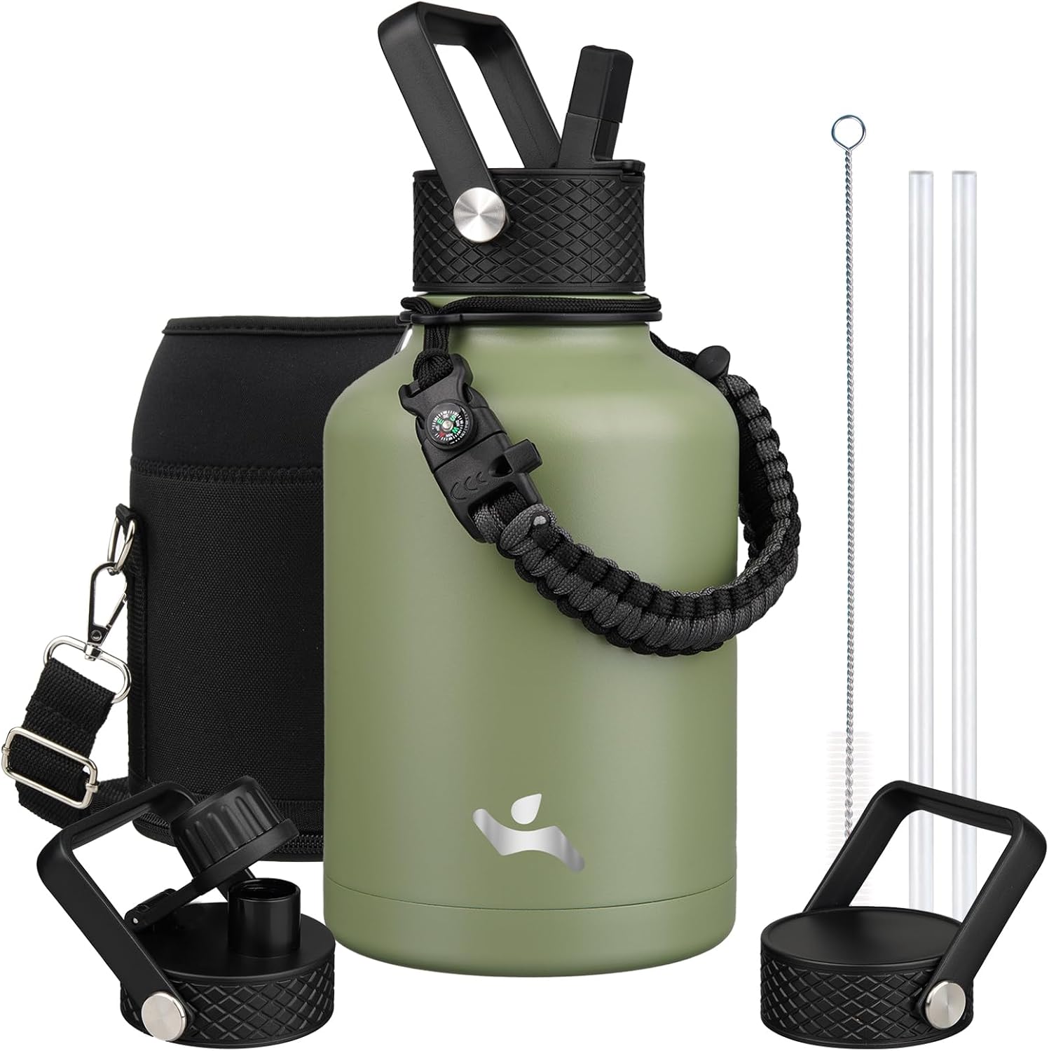 Konokyo Insulated Water Bottle with Straw,50 oz 3 Lids Water Jug with Carrying Bag,Paracord Handle,Double Wall Vacuum Stainless Steel Metal Flask,Camp Green