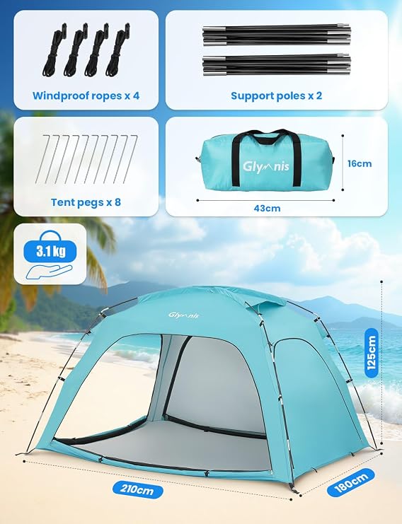 Glymnis Beach Tent Portable UV Protection Beach Sun Shelter for Adults, Lightweight Sun Shade Tent for Beach, Picnic, Fishing
