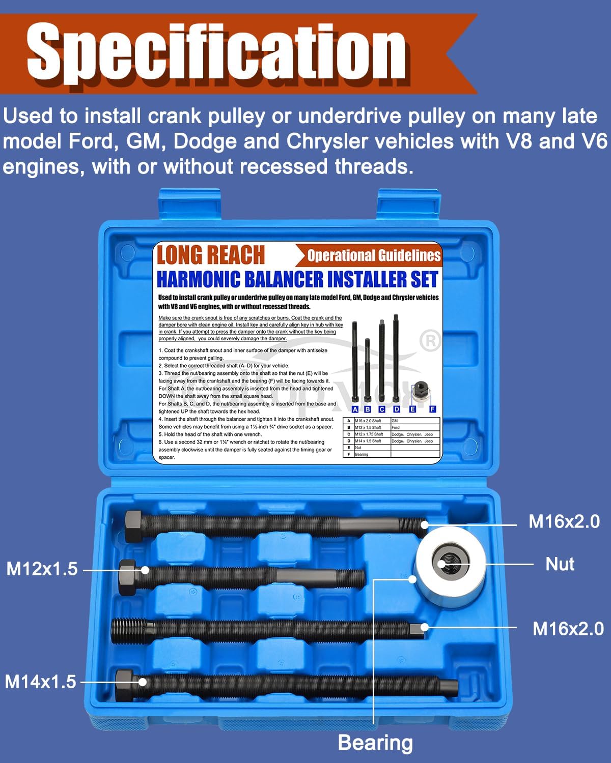 Harmonic Balancer Installer Tool Set Long Reach Crankshaft Pulley Removal Tool 5 PCS Pulley Puller Kit