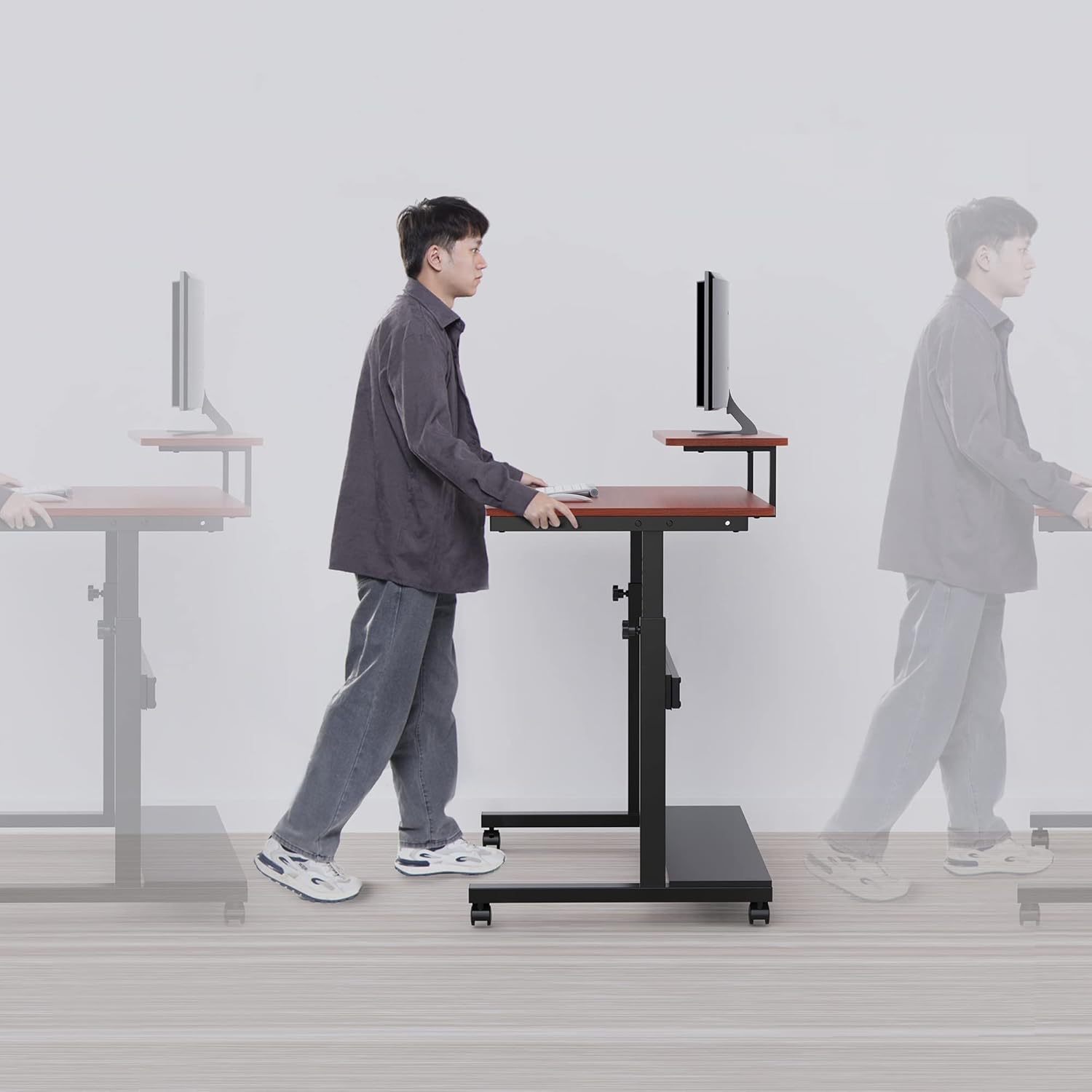 It's_Organized Height Adjustable Portable Computer Desk,41''Rolling Laptop Desk Mobile Standing Desk with Monitor Shelf & Hutch,Teak