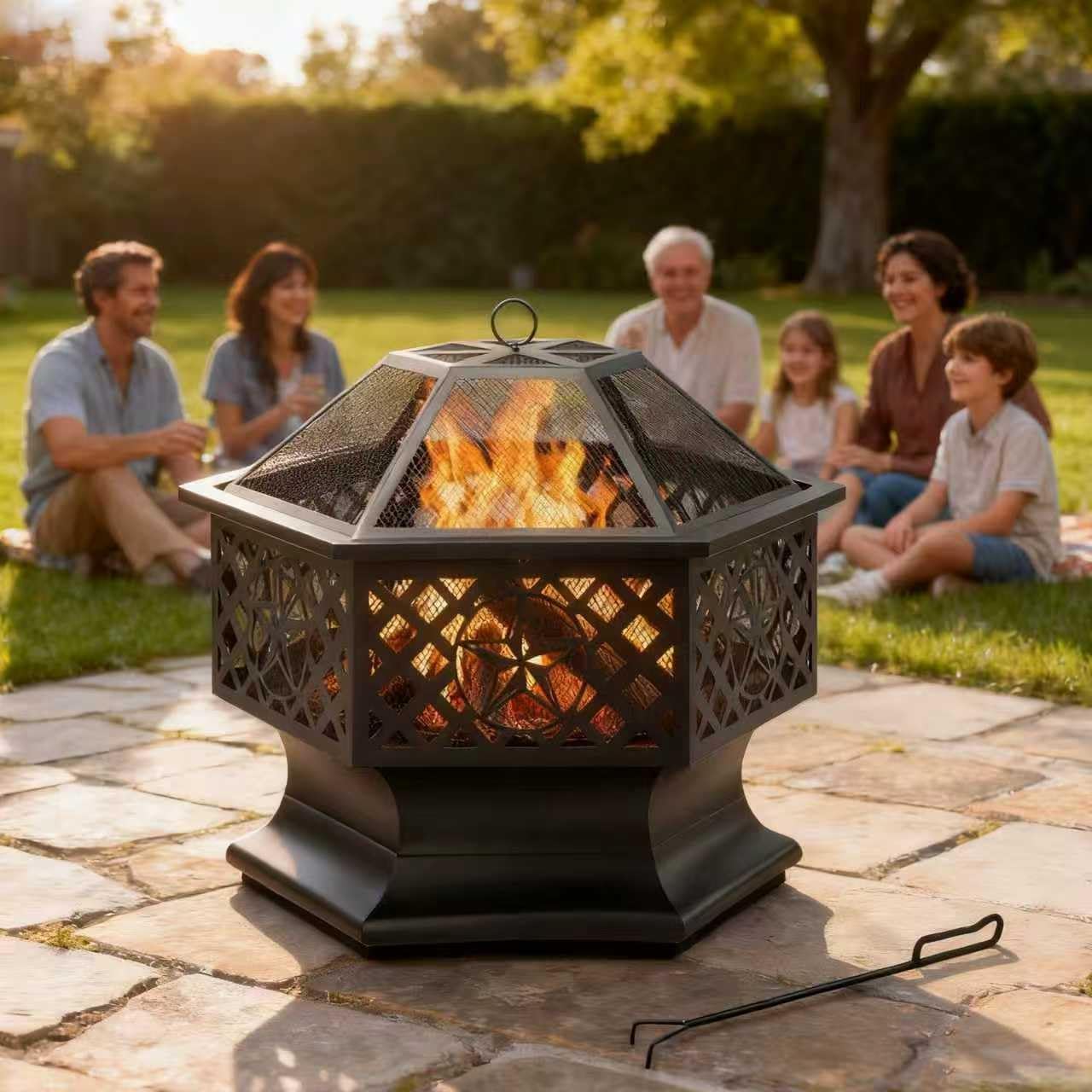 Panovue 28 Inch Hexagonal Fire Pit,Wood Burning Firepits for Outside with Spark Screen&Poker,Metal Hex-Shaped Outdoor Fire Pit for Outside,Backyard,Bonfire,Patio,Garden,Picnic and Camping（Black）