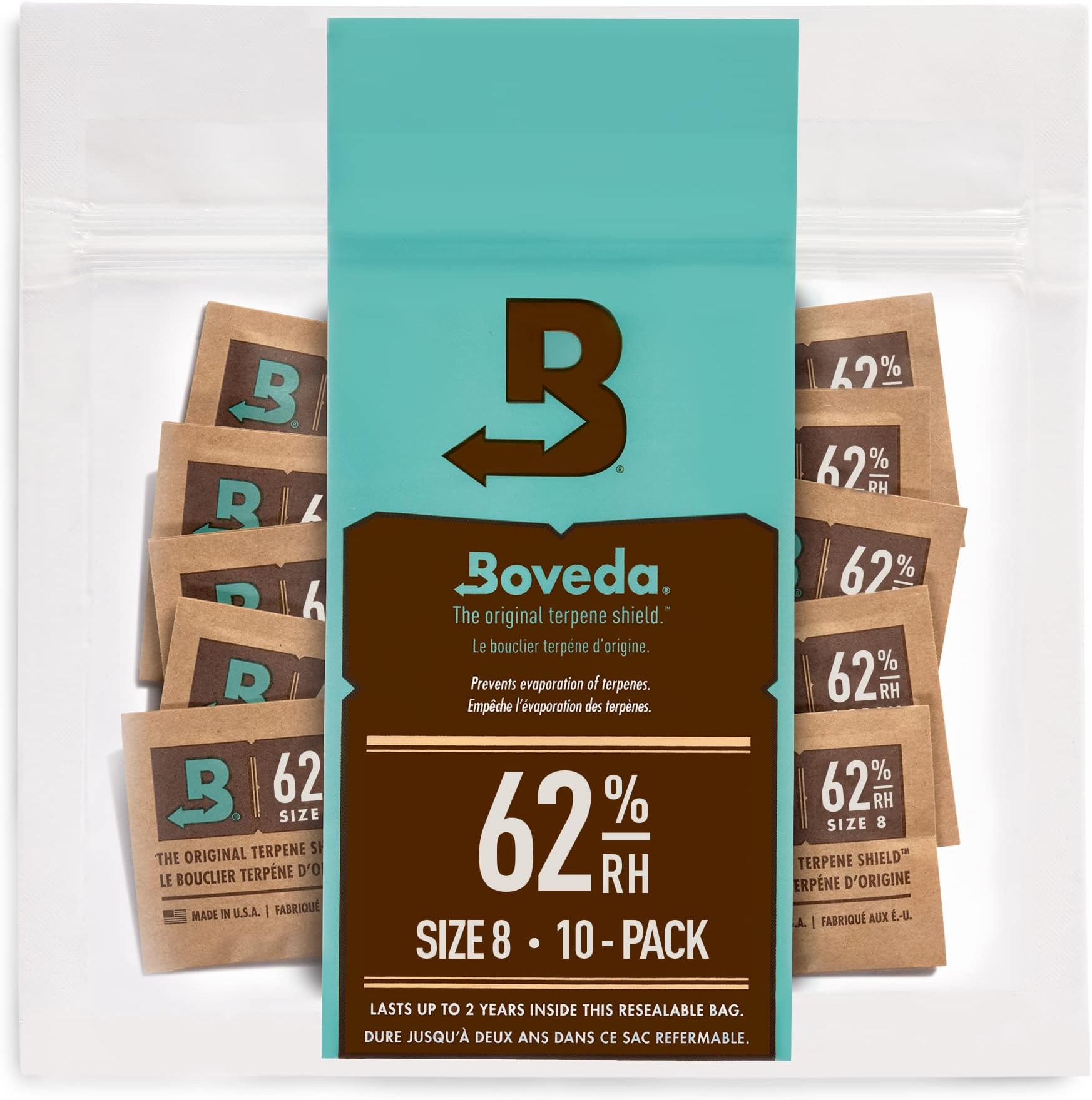 Boveda ハーブ ストレージ用 62-RH 2-ウェイ 湿度 コントロール サイズ 8 保護 最大 1オンス (30 グラム) 花 防止 テルペン ロス オーバー 乾燥 と 成形 10-カウント 再シール バッグ 10