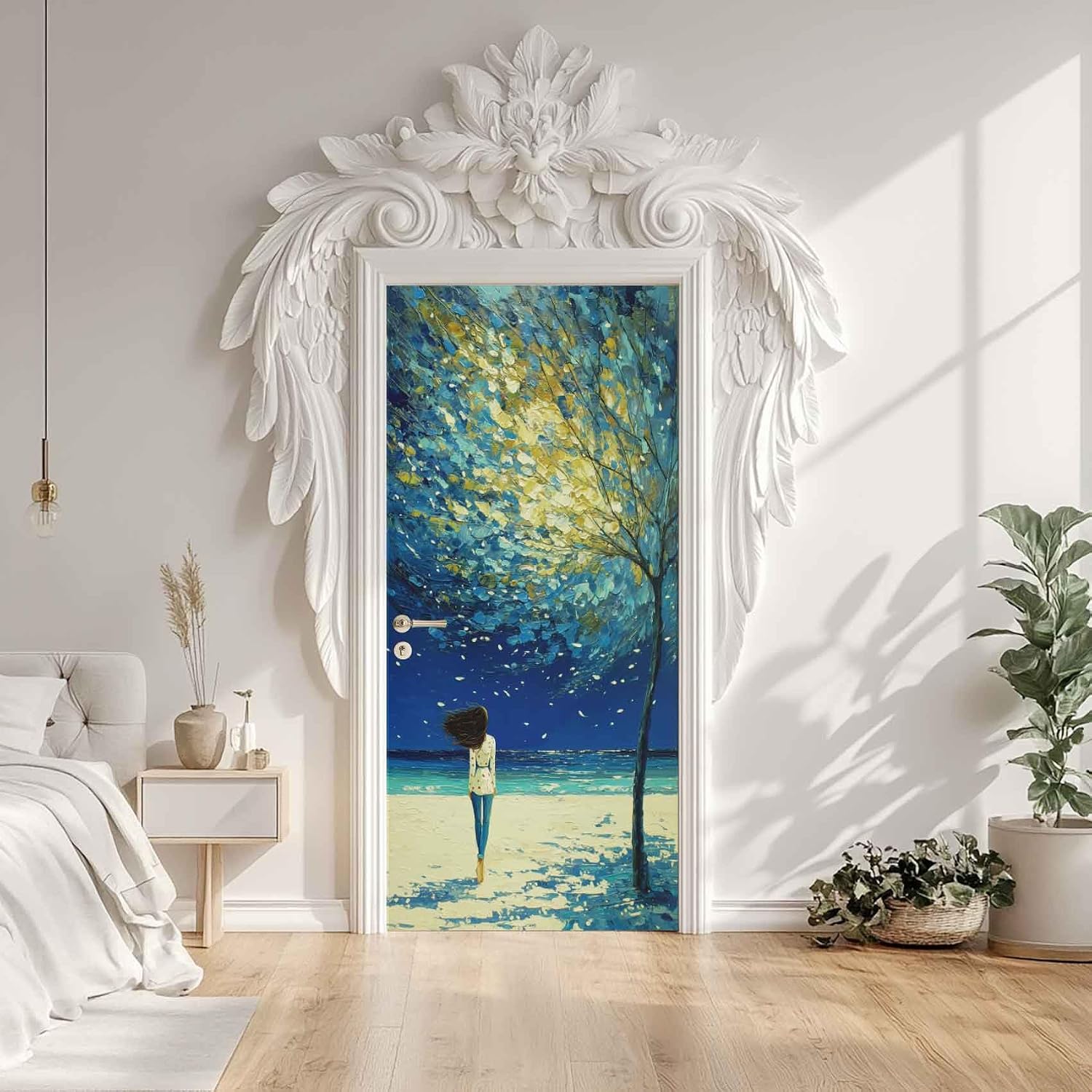 Tree Door Mural, Beach Door Sticker 37 x 84, Oil Painting Tree of Life Decal Peel and Stick, Self-Adhesive Removable PVC Wallpaper Home Decor