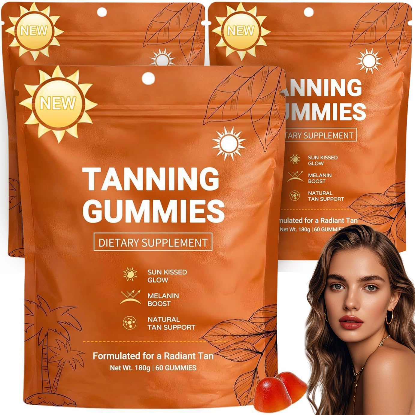 Tanning Gummies For Women, 2026 Abbronzatura Rapida Senza Sole, Astaxantina, Miscela di Beta-Carotene e Licopene, Luminosità e Idratazione Della Pelle per un Bagliore Naturale, 60 PC，3