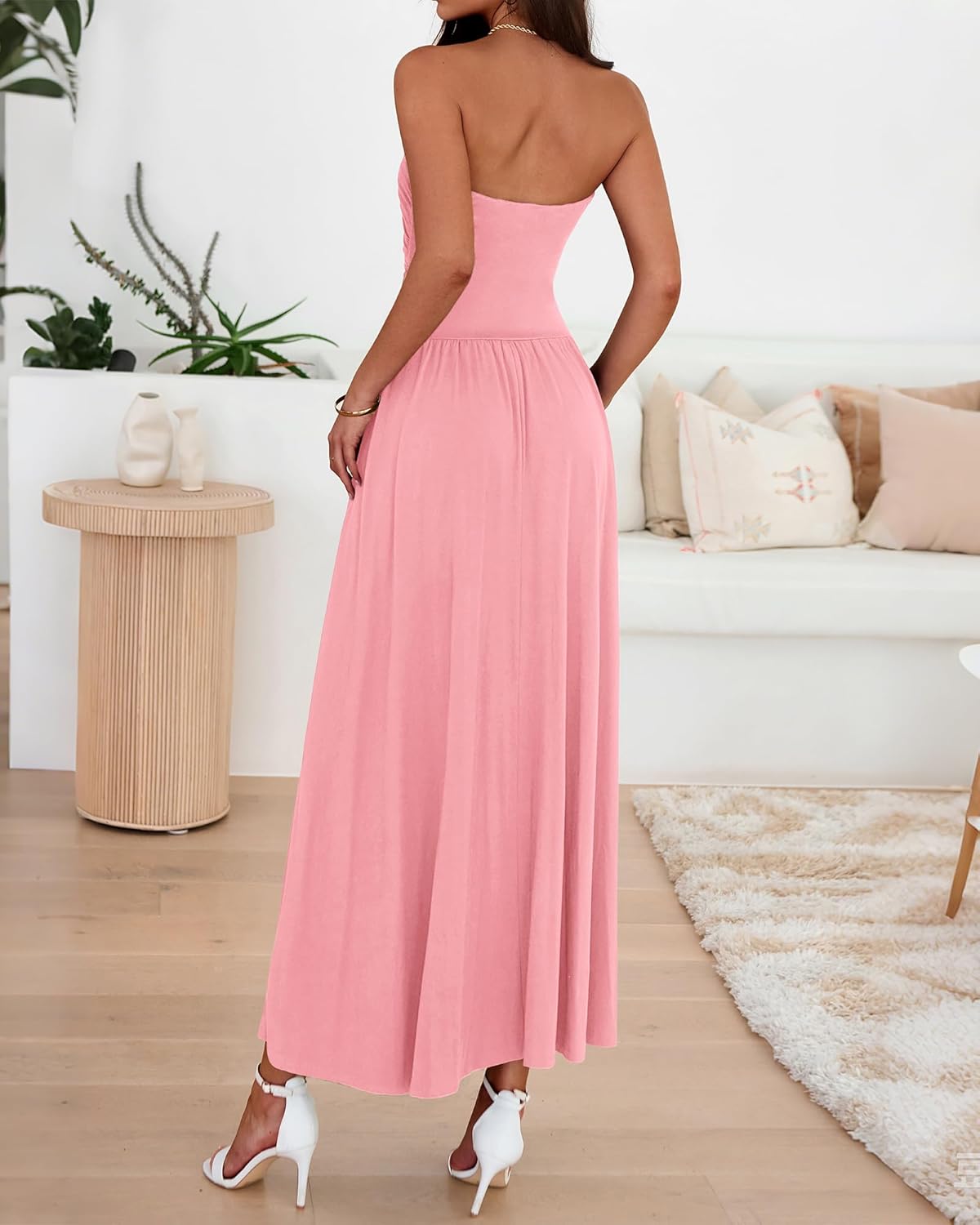 BTFBM Summer Maxi Dresses for Women 2026 Strapless Ruched Tube Top Beach Vacation Spring Wedding Guest Dress Pockets - Image 3