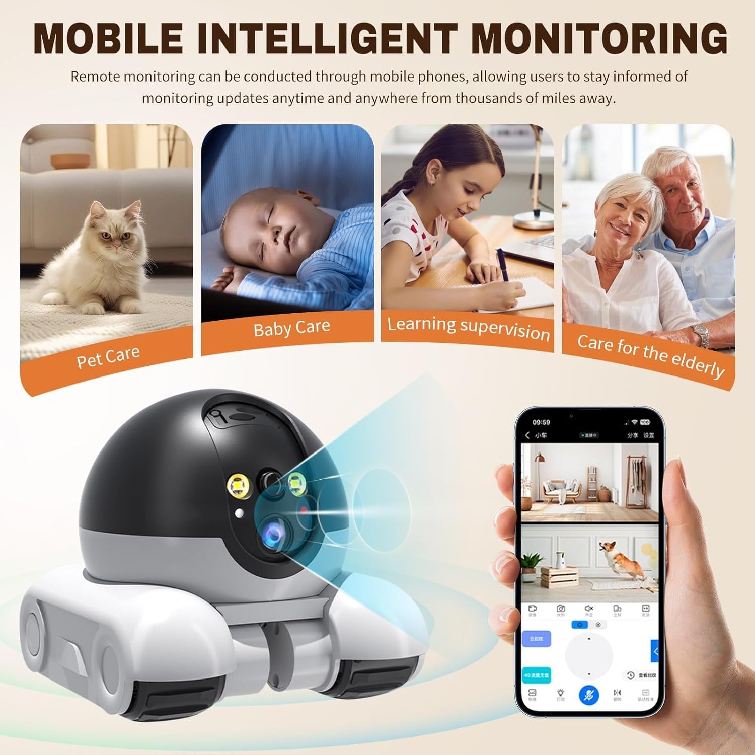 Telecamera di sicurezza domestica per animali domestici, 1080P, telecamera mobile per interni, conversazione a 2 vie, rilevamento del movimento, visione notturna, telecamere mobili wireless con