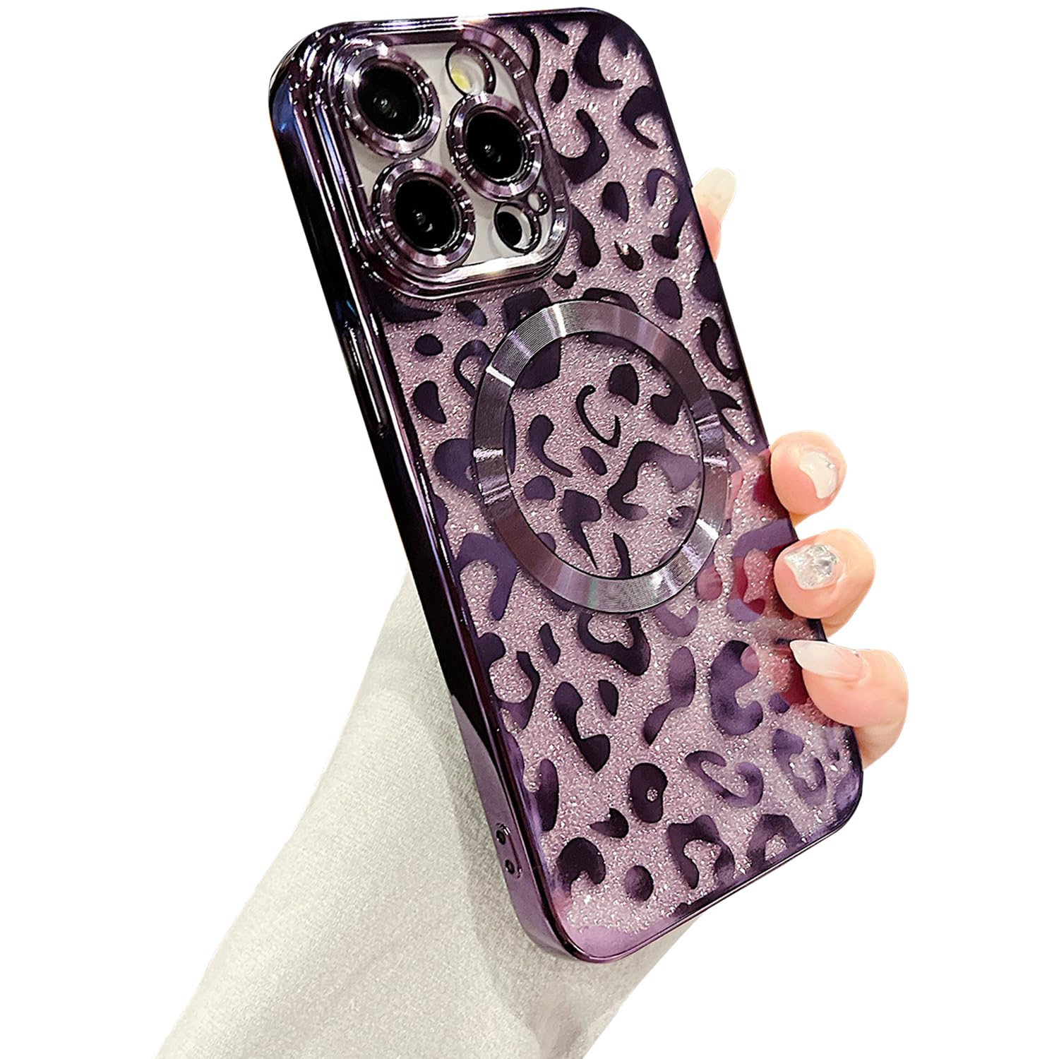 ZONRW for iPhone 14 Pro Case Magnetic,Soft Cute Luxury Leopard Cheetah Pattern Plating Glitter Bling Phone Case Compatible with MagSafe Clear