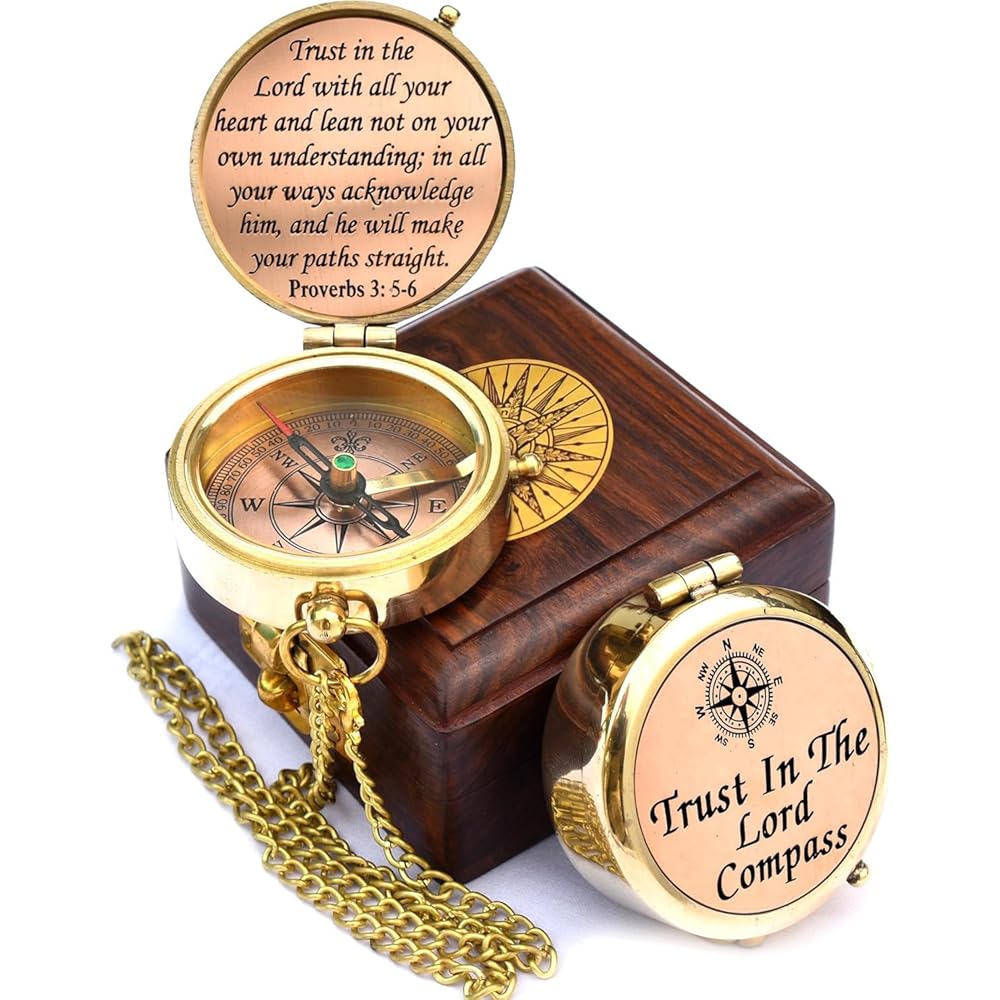 Trust in The Lord with All Your Heart -Proverbs 3: 5-6 Quote Engraved Compass with Wooden Box,Camping Compass, Gift Compass, Graduation Day Gifts 2025 Compass for Women Mens Boy Girls