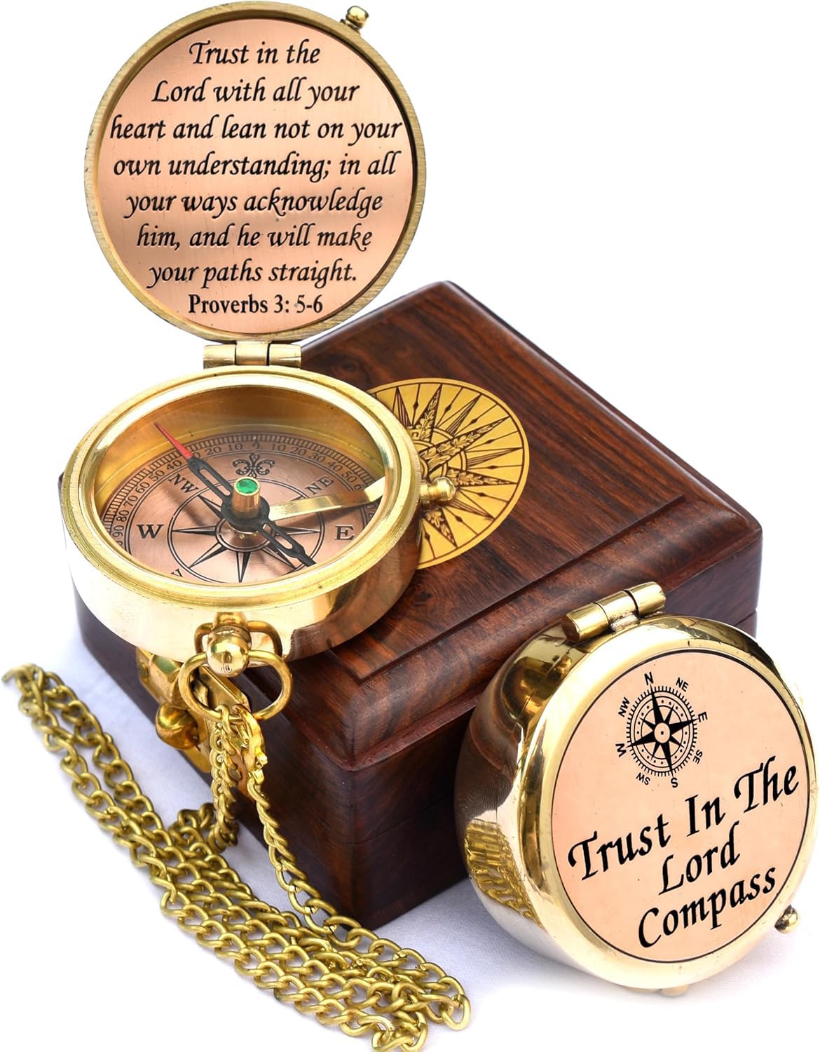 Trust in The Lord with All Your Heart -Proverbs 3: 5-6 Quote Engraved Compass with Wooden Box,Camping Compass, Gift Compass, Graduation Day Gifts 2025 Compass for Women Mens Boy Girls