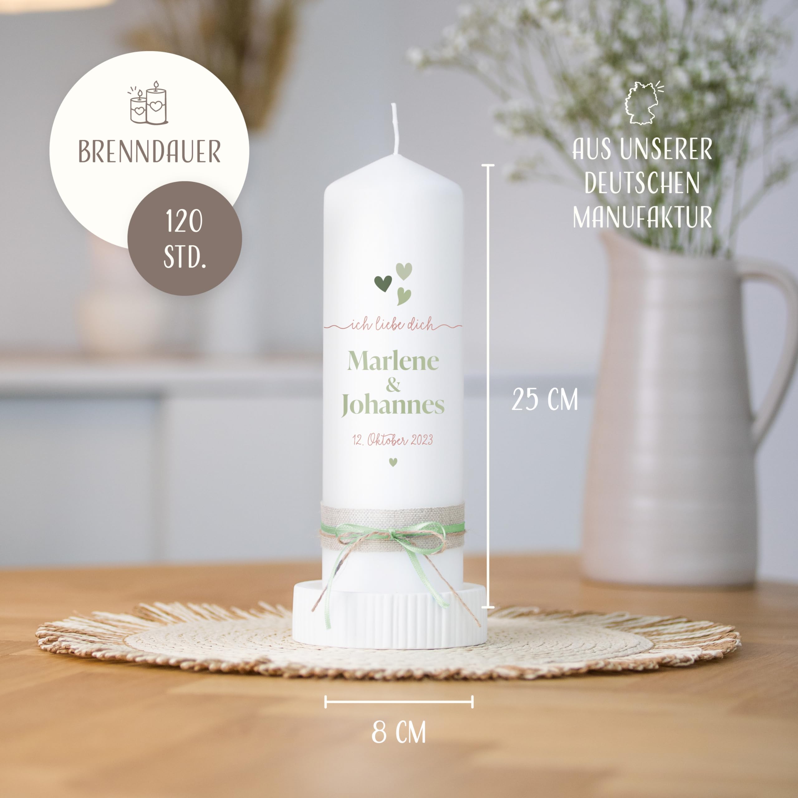 AMARI ® Personalisierte Jahrestagskerze - Ewige Liebe (002.07.10) H:25cm - Individuelle Kerze mit Namen & Aufschrift - Geschenk zum Jahrestag - Handgefertigt in Deutschland