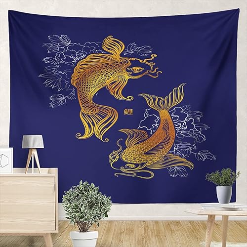 Tapiz para colgar en la pared, carpa Koi y crisantemos, pez dorado espiritual asiático se eleva en olas plateadas, 82.7 x 59.1 pulgadas, decoración