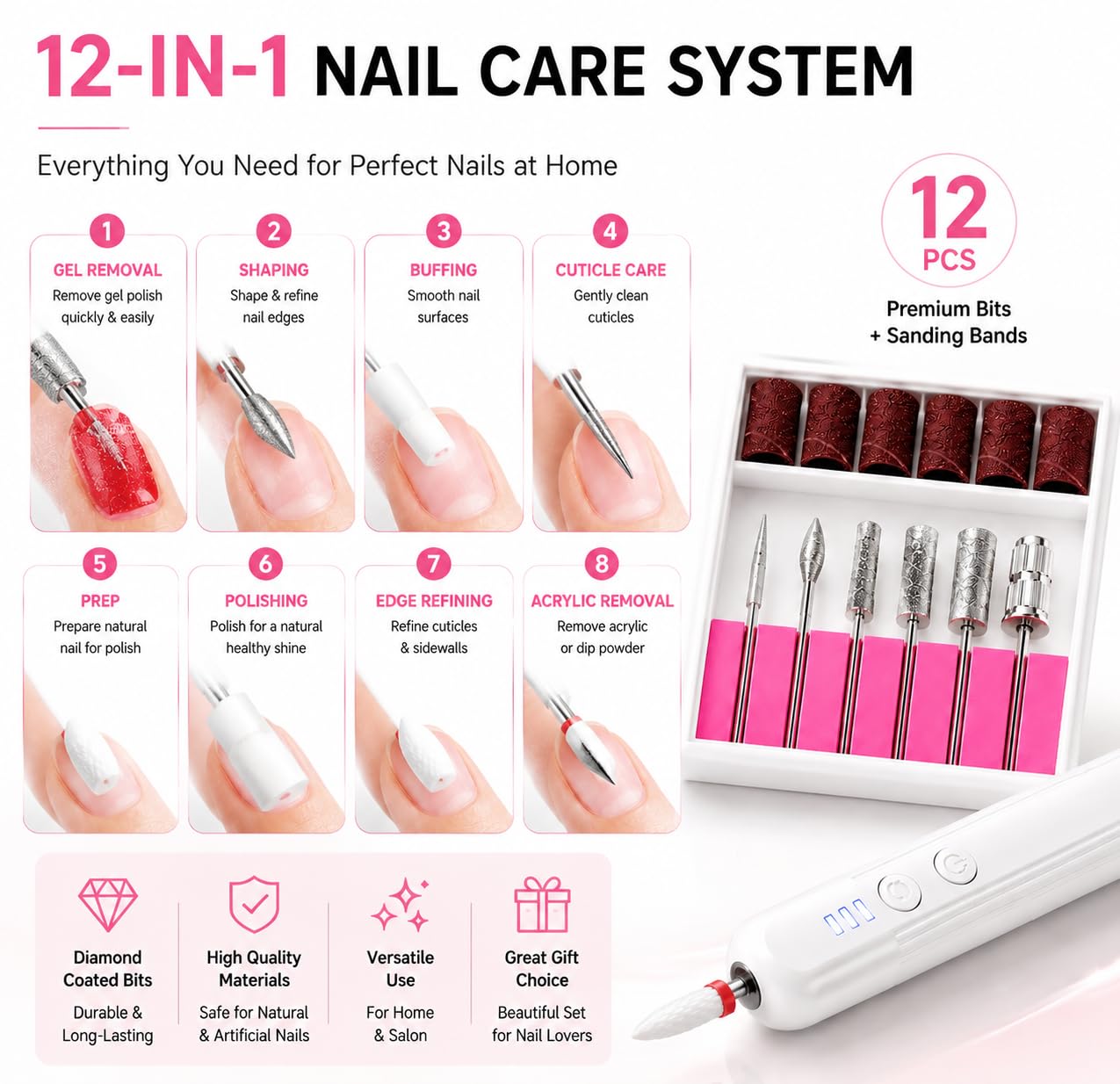Professional Electric Nail Drill, 30,000 RPM Portable E-File Kit with 12 Drill Bits & LED Light, 3 Speeds & Reversible Direction, Type-C Rechargeable Nail Buffer for Acrylic, Gel & Manicure