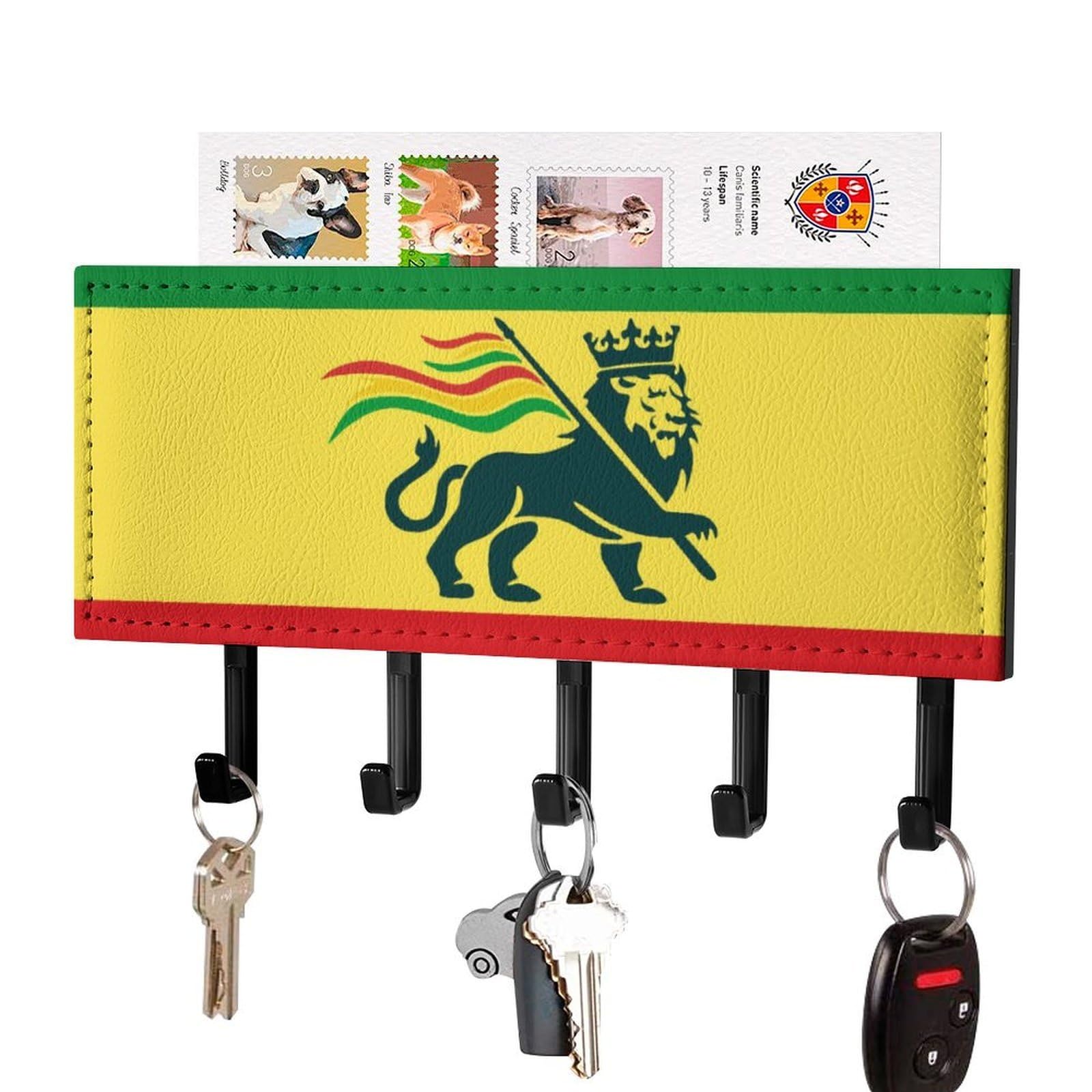 NCLQVJXZKHW Ethiopian Rastafarian Lion Flag Key Holder with 5 Hooks Key Hooks Wall Mounted Key Racks Key Hanger Organiser Shelf