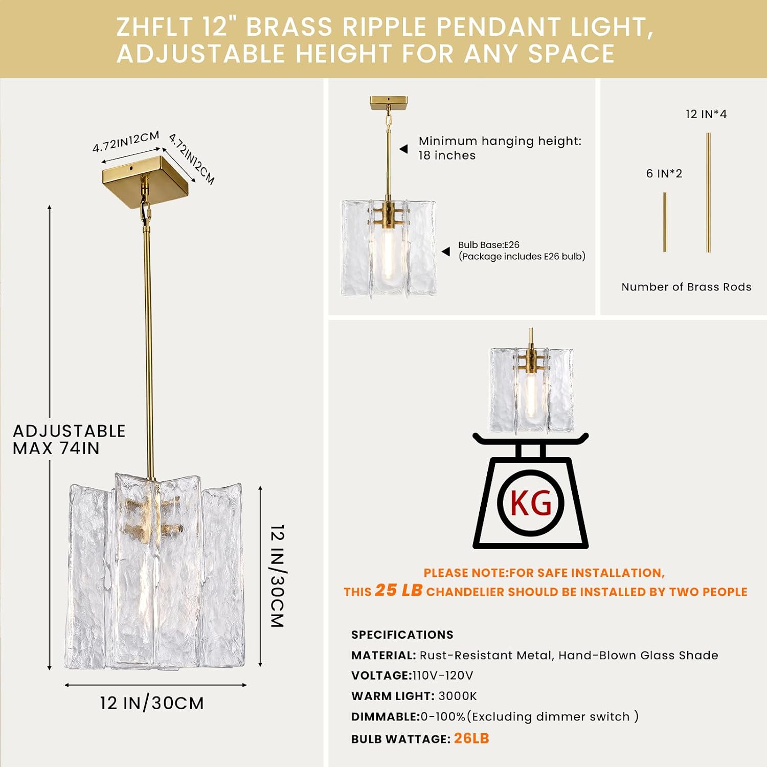 Modern Large Brass Water Ripple Glass Kitchen Pendant Light Fixtures, Gold 12 in Island Pendant Lights,Hanging Island Lights,for Bedroom, Foyer, Entryway,Dining, Bulbs Included