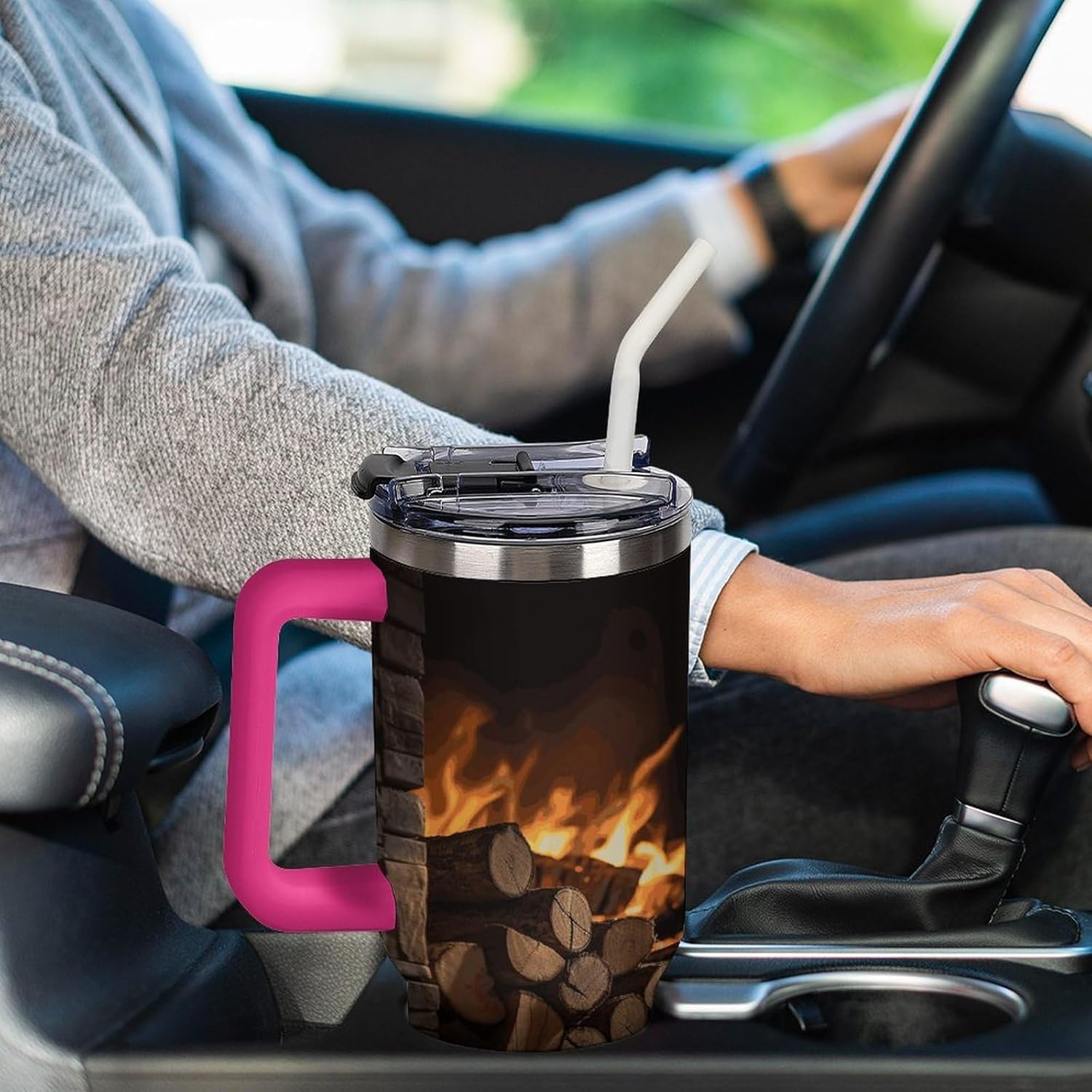 Wood on Fireplace Tumbler 40 Oz with Handle&Lid Large Car Cup Stainless Steel Vacuum Travel Mug Insulated Water Bottle Leak-proof Portable Coffee Cup for Home Car Outdoor
