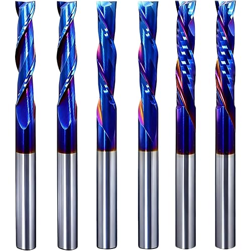 Spiral Router Bits Set 1/4" Shank 2 Flute Solid Carbide CNC Router Bits with Nano Blue Coating End Mill for Wood Cut, Carving, Edge Trimming (6 Pieces, 1/4" Cutting Dia)