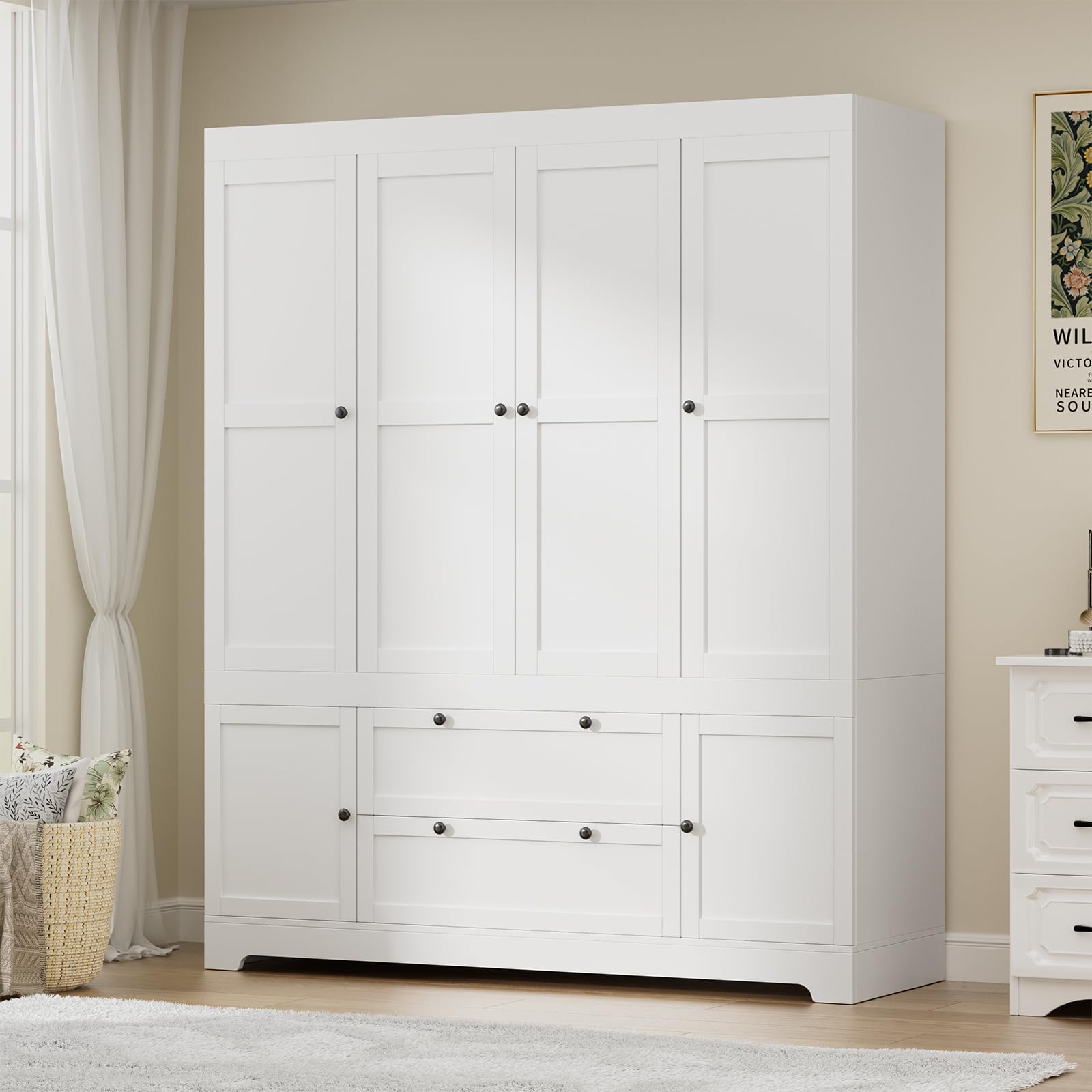4 Door 71" Tall White Modular Wardrobe Closet with Doors, Large Armoire Closet Organizer with Drawers, Stylish Freestanding Wooden Clothes Storage