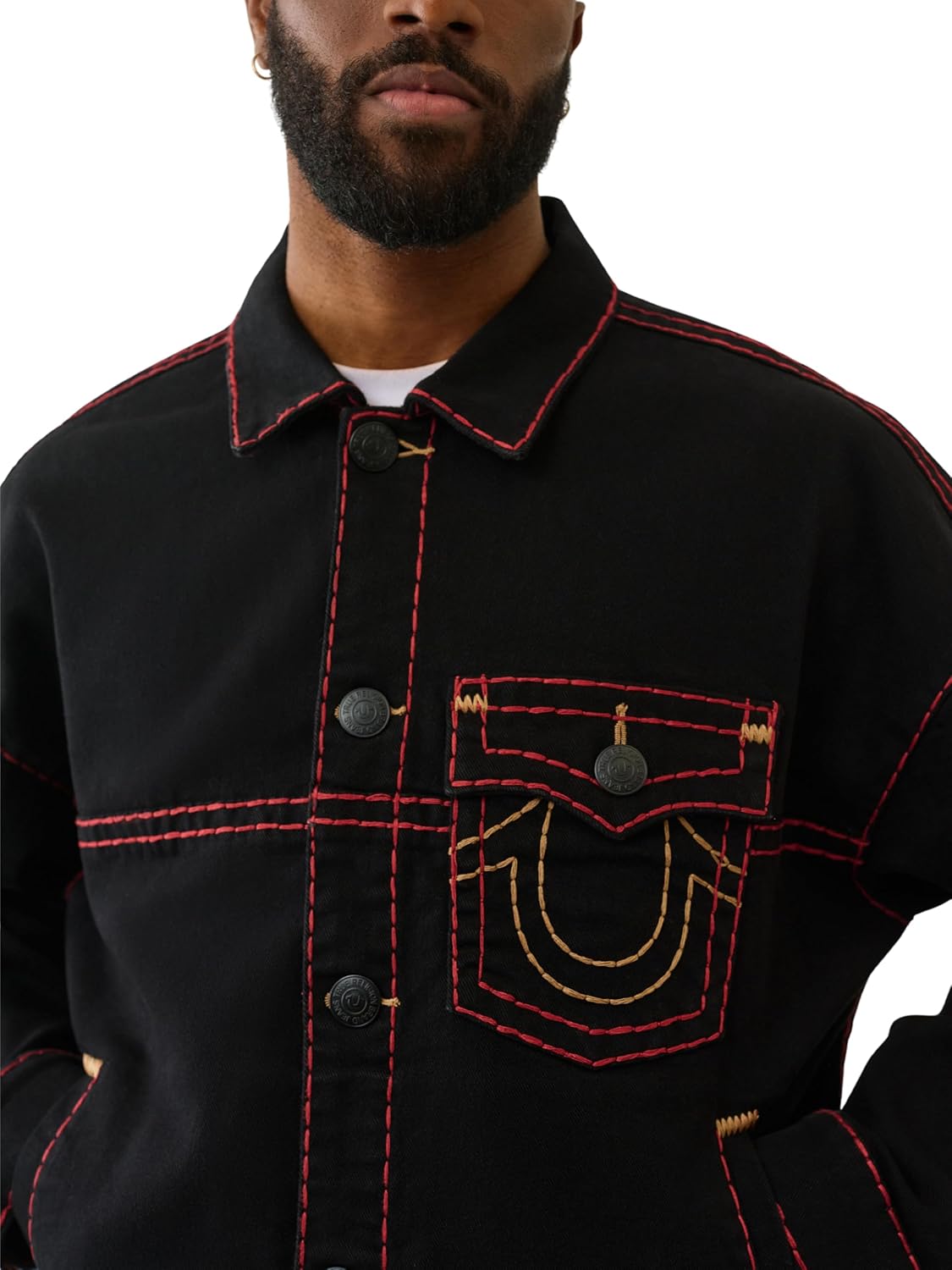 True Religion Men's Super T Cropped Denim Jacket – Distressed Trucker with Contrast Stitching