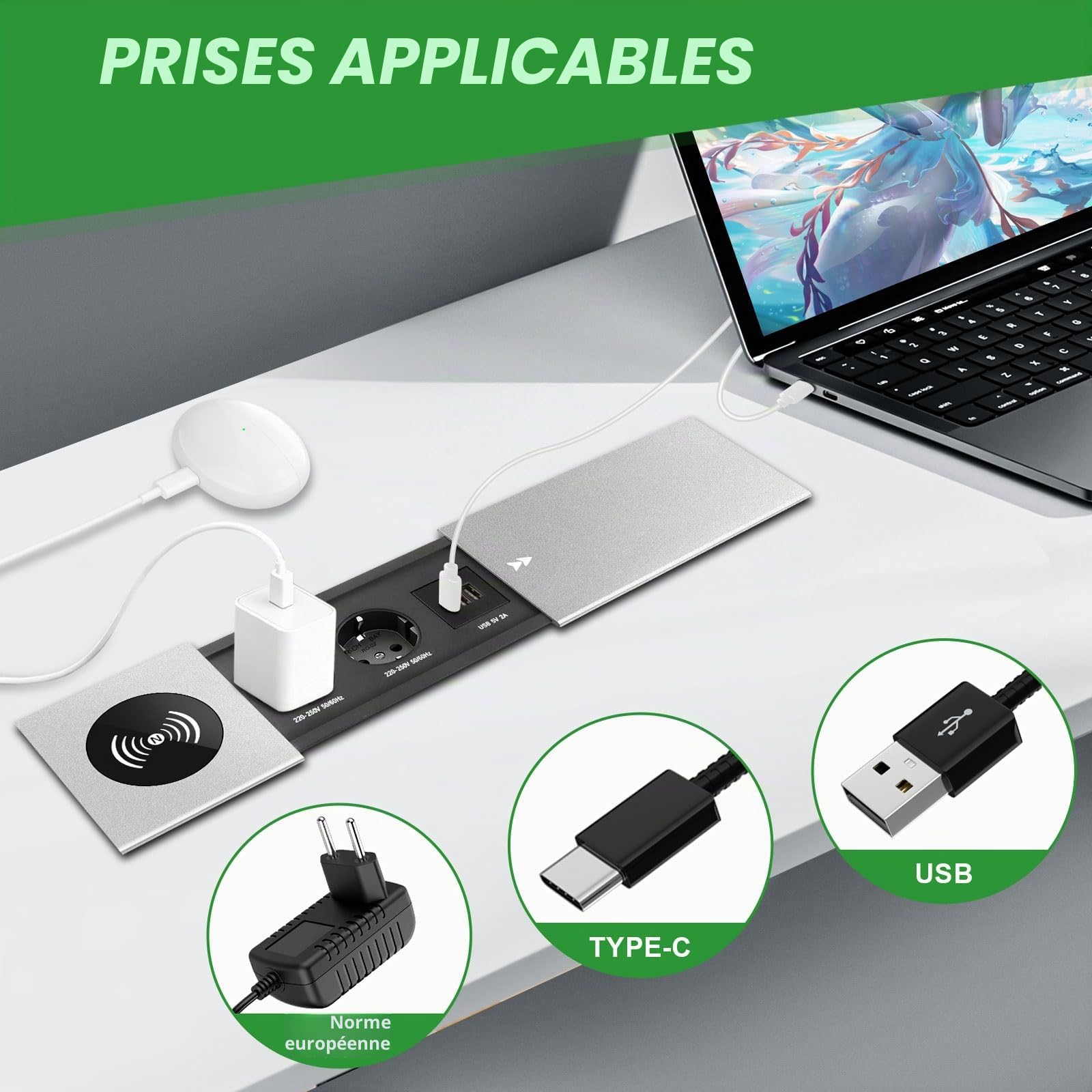 Multiprise encastrable escamotable 2 Prises Multiprise intégrée USB C PD