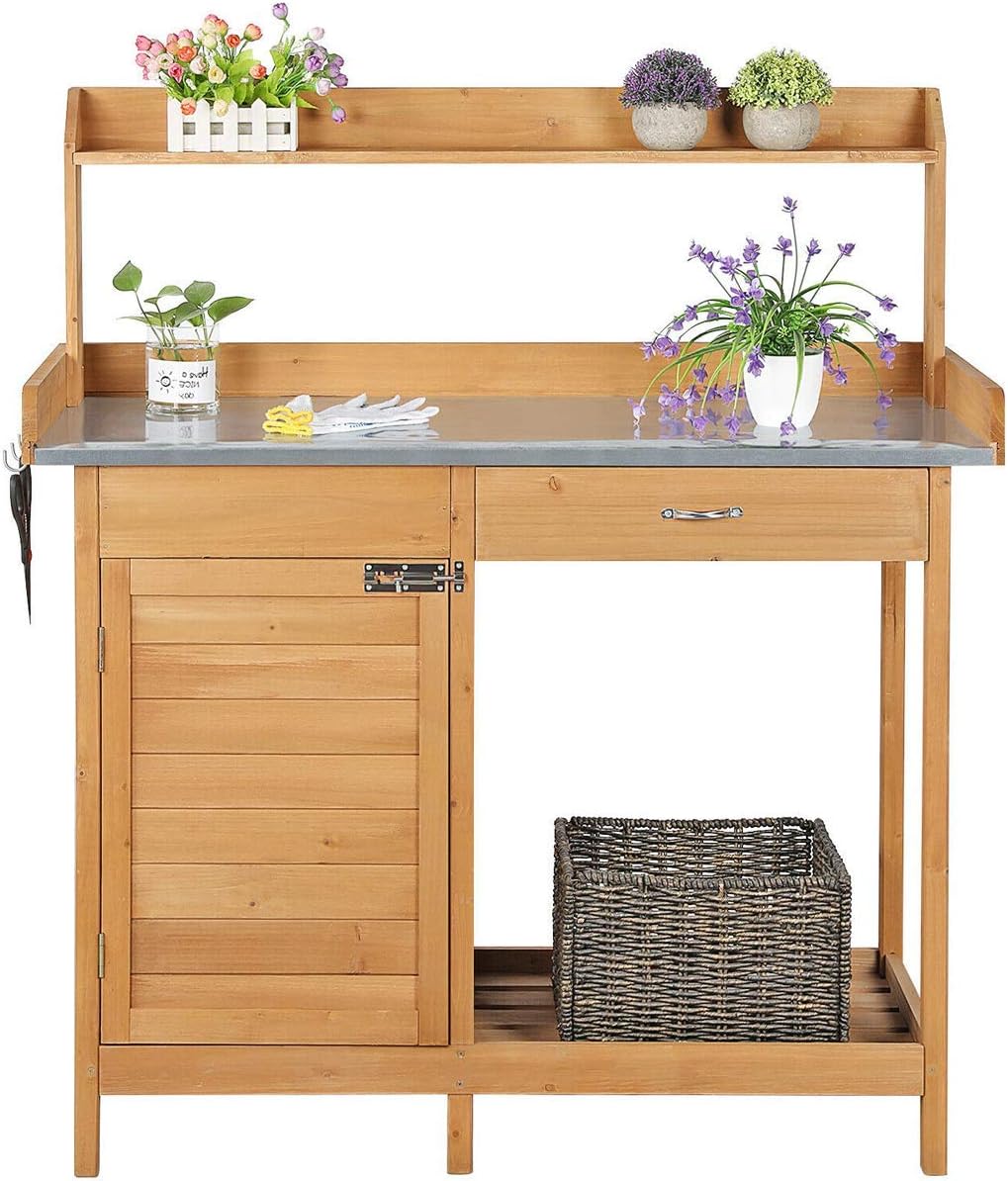 Wooden Potting Planting Bench Work Table with Cabinet Storage Shelves Durable Sturdy Heavy Duty Versatile Contemporary for Home Garden Backyard Patio Greenhouse Indoor Outdoor Garage Flowers Pot