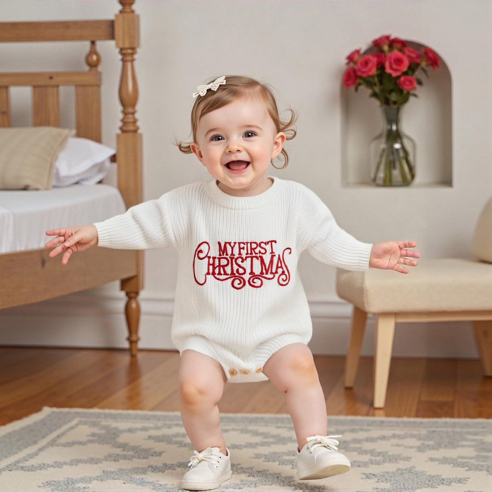 Qianderer My First Christmas Baby Natale Maglione Pagliaccetto Lettera Ricamato Manica Lunga Oversize Bubble Pagliaccetto Tutina Autunno Inverno Vestiti