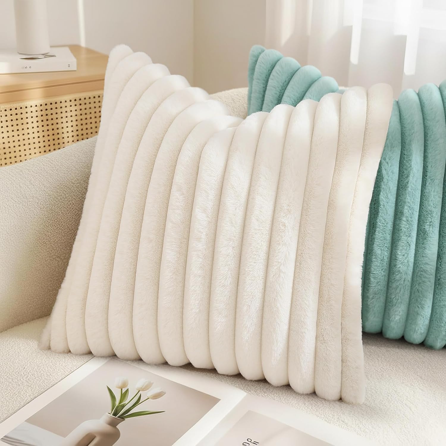 decorUhome Summer Cozy Faux Fur Throw Pillow Covers 20x20 Set of 2 Decorative Soft Plush Striped Modern Farmhouse Boho Couch Pillow Cases with Velvet Back for Sofa Bed Living Room, Cream White