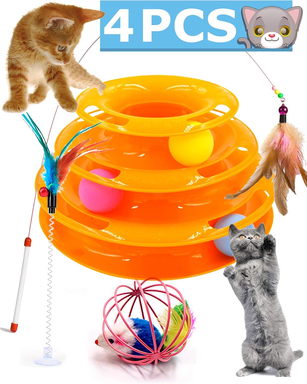 Petove Cat Toys Tower of Tracks 3 Level Cat Tracks Interactive Ball Toy, Cat Teaser Wand, Cage Mouse and Feather Fluffy Mouse Toy Setfor…