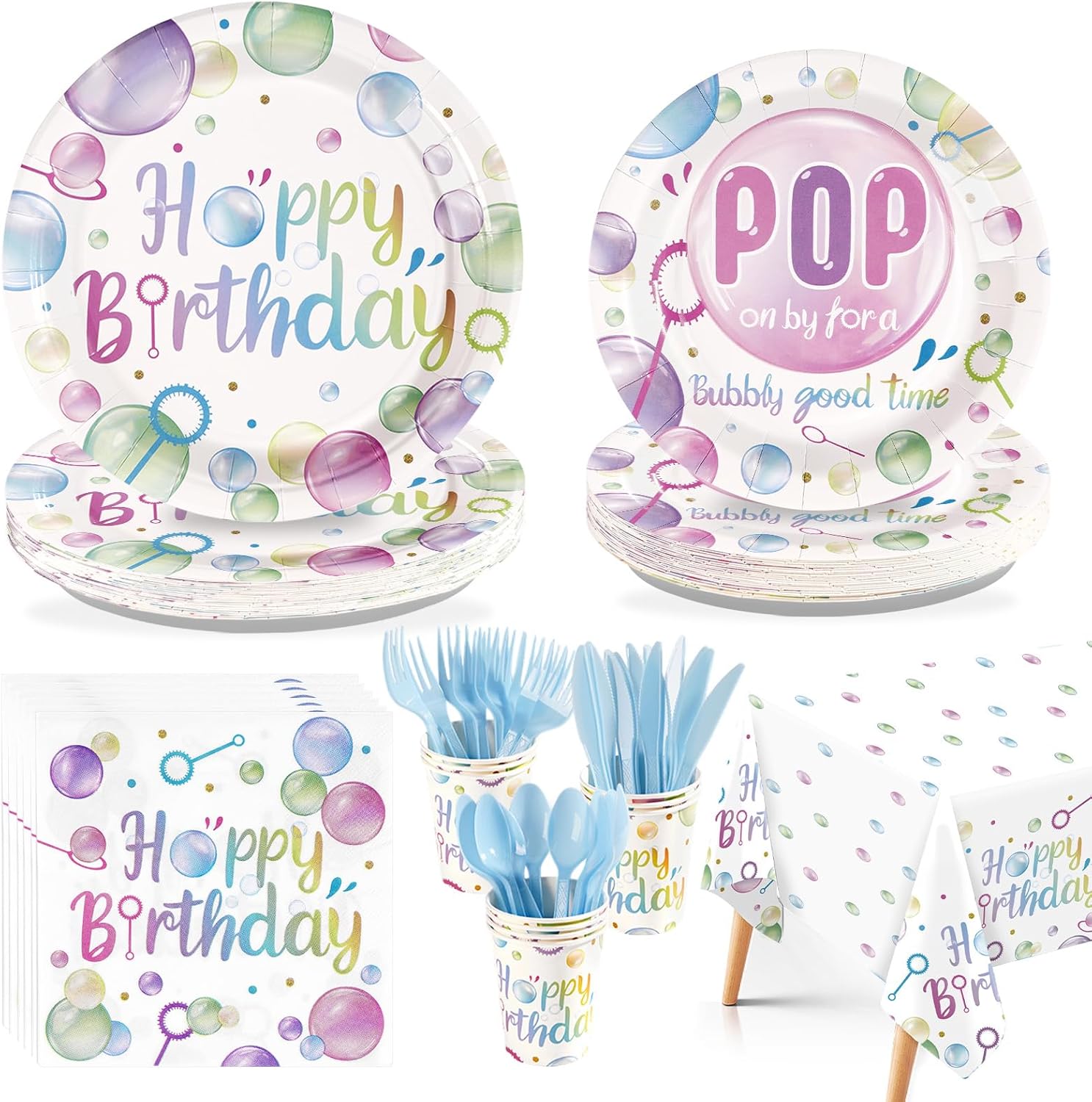 170Pcs Bubble Birthday Party Supplies Colorful Bubble Plates Napkins Cups Forks Knives Spoons Tablecloths Pastel Pop Disposable Paper Tableware for Girl Birthday Party Decorations Serves 24