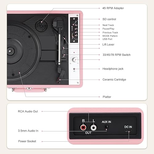 Miniatura 9 de Tocadiscos, reproductor de discos de vinilo con altavoces estéreo, tocadiscos todo en uno, reproductor de discos Bluetooth de 3 velocidades,