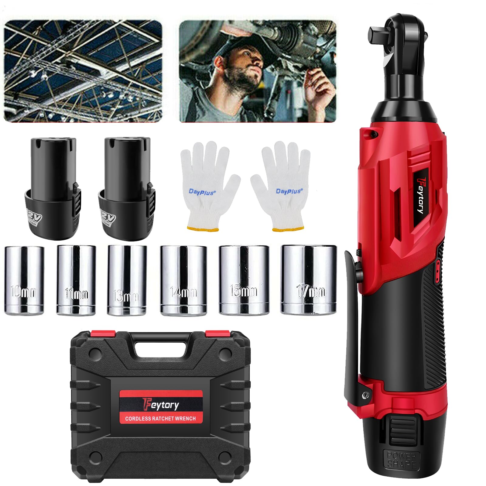 DayPlus Chiave a cricchetto a batteria 3/8", 2300 giri/min, con 2 batterie agli ioni di litio da 12 V, 1,5 Ah, caricatore rapido, 7 prese per spazi ristretti, riparazione auto, motore, fai da te,